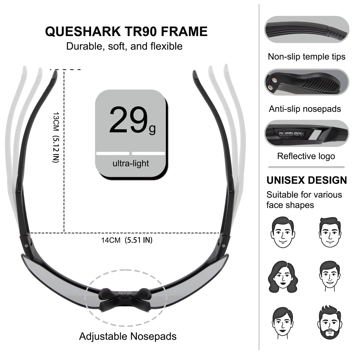 Queshark Cycling Running Glasses for Women Men UV400 Protection QE41 Black Silver