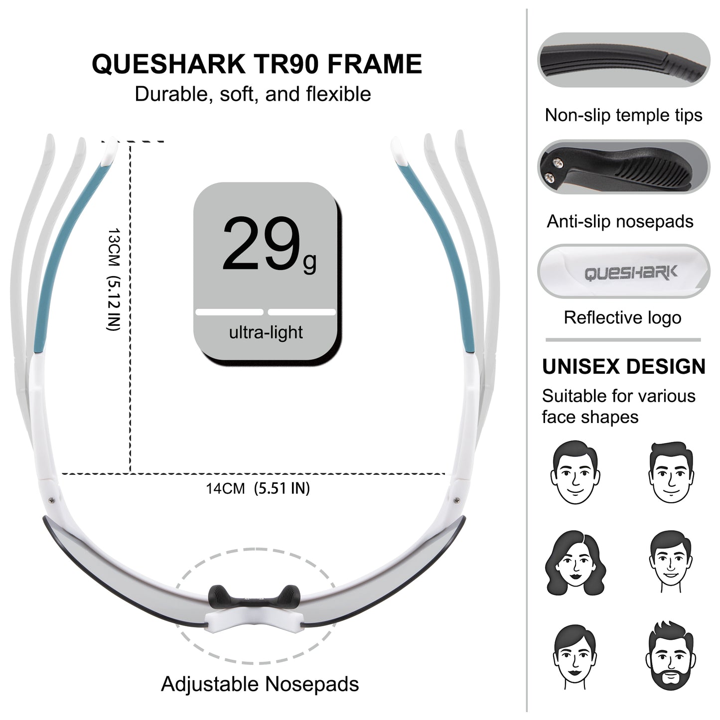 Queshark Cycling Running Glasses for Women Men UV400 Protection QE41 Clear Blue