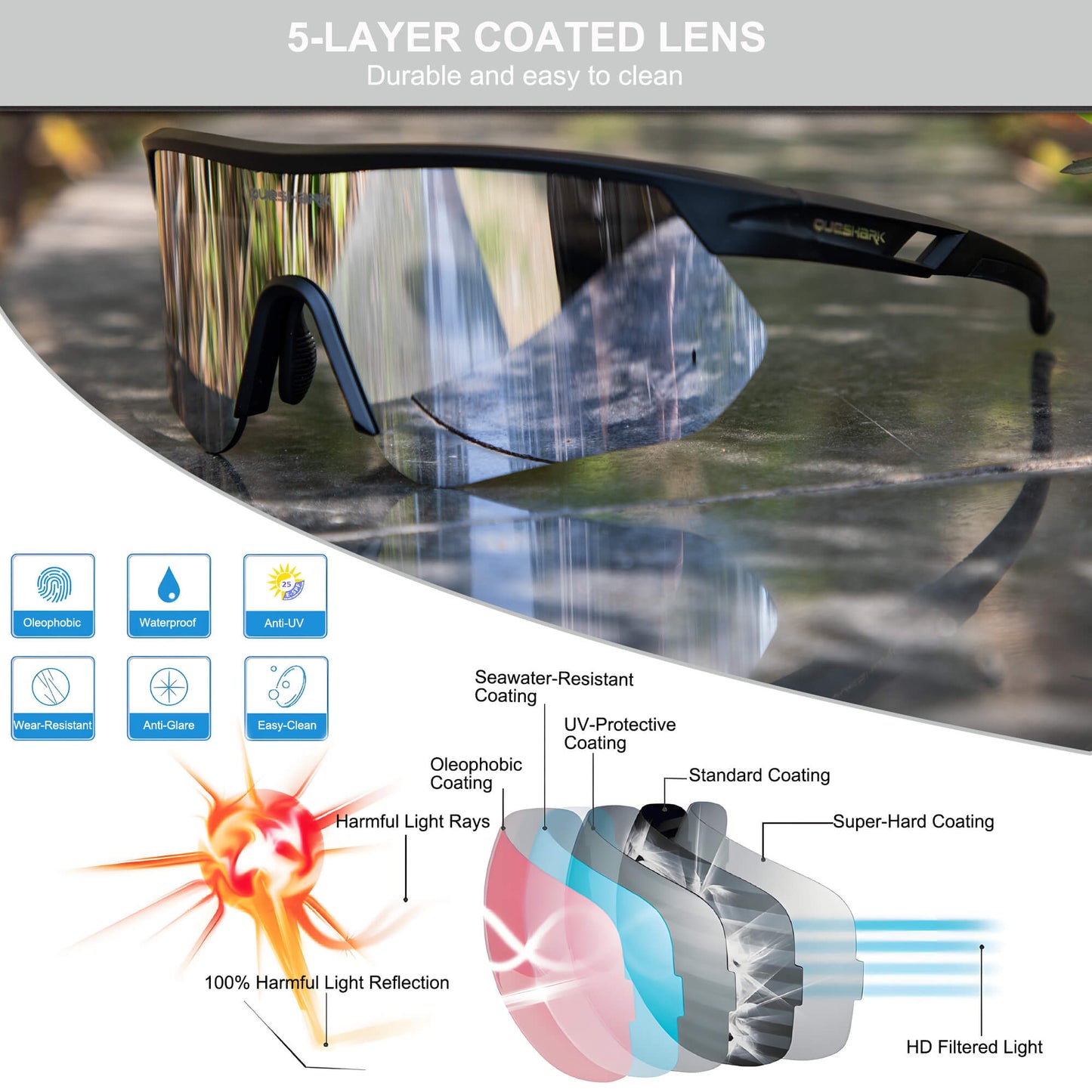 Queshark Cycling Running Glasses for Women Men UV400 Protection QE41 Black Silver