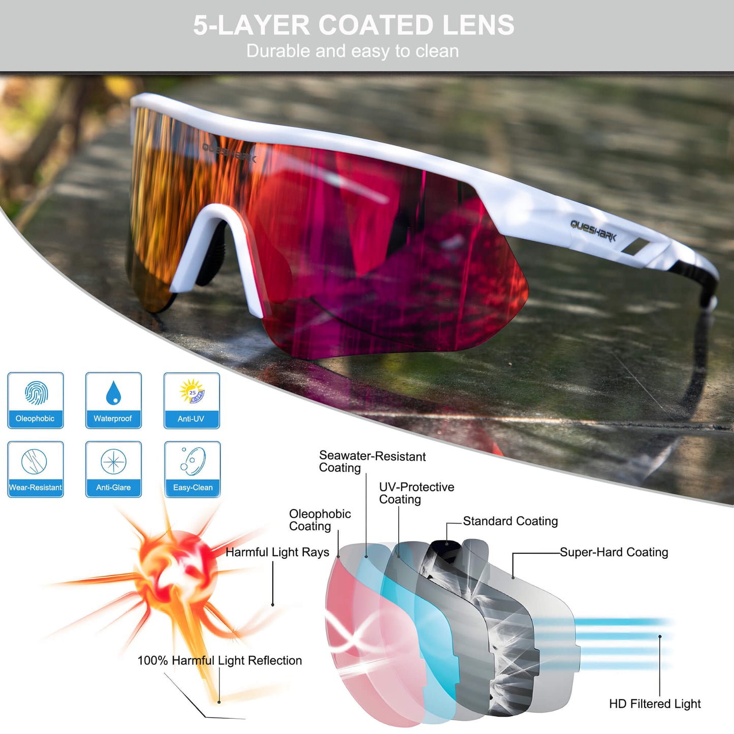 Queshark Cycling Running Glasses for Women Men UV400 Protection QE41 White Rose Red