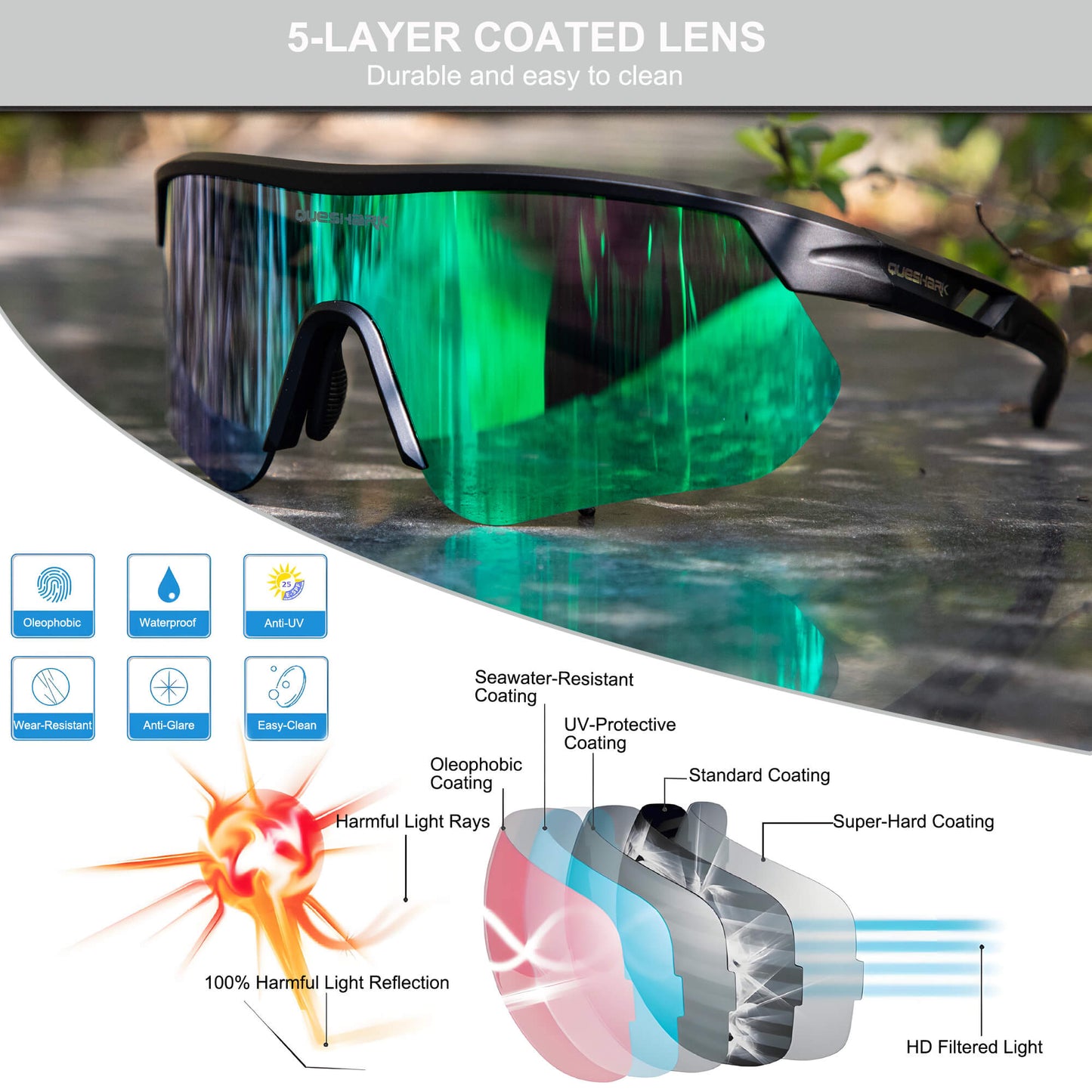 Queshark Cycling Running Glasses for Women Men UV400 Protection QE41 Black Green