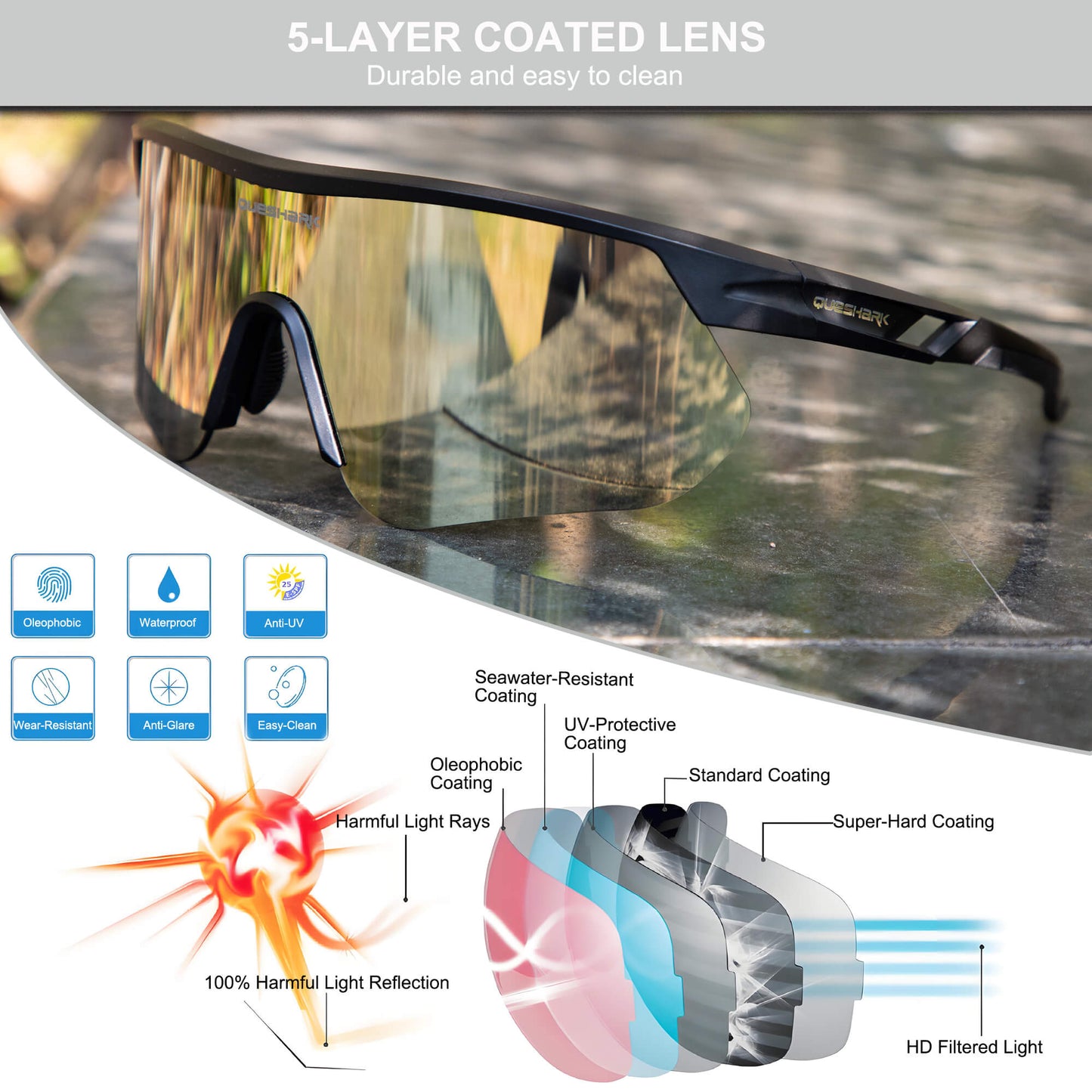 Queshark Cycling Running Glasses for Women Men UV400 Protection QE41 Black Gold