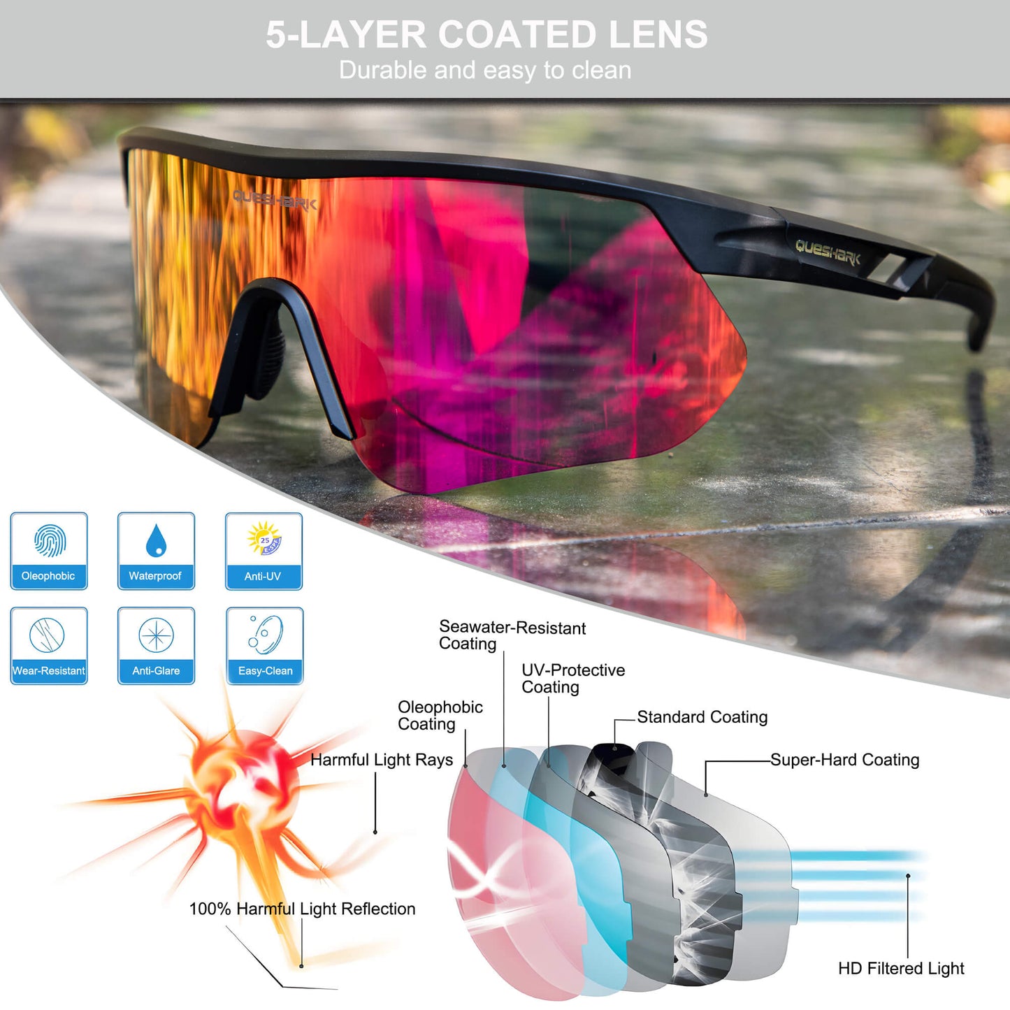 Queshark Cycling Running Glasses for Women Men UV400 Protection QE41 Black Rose Red