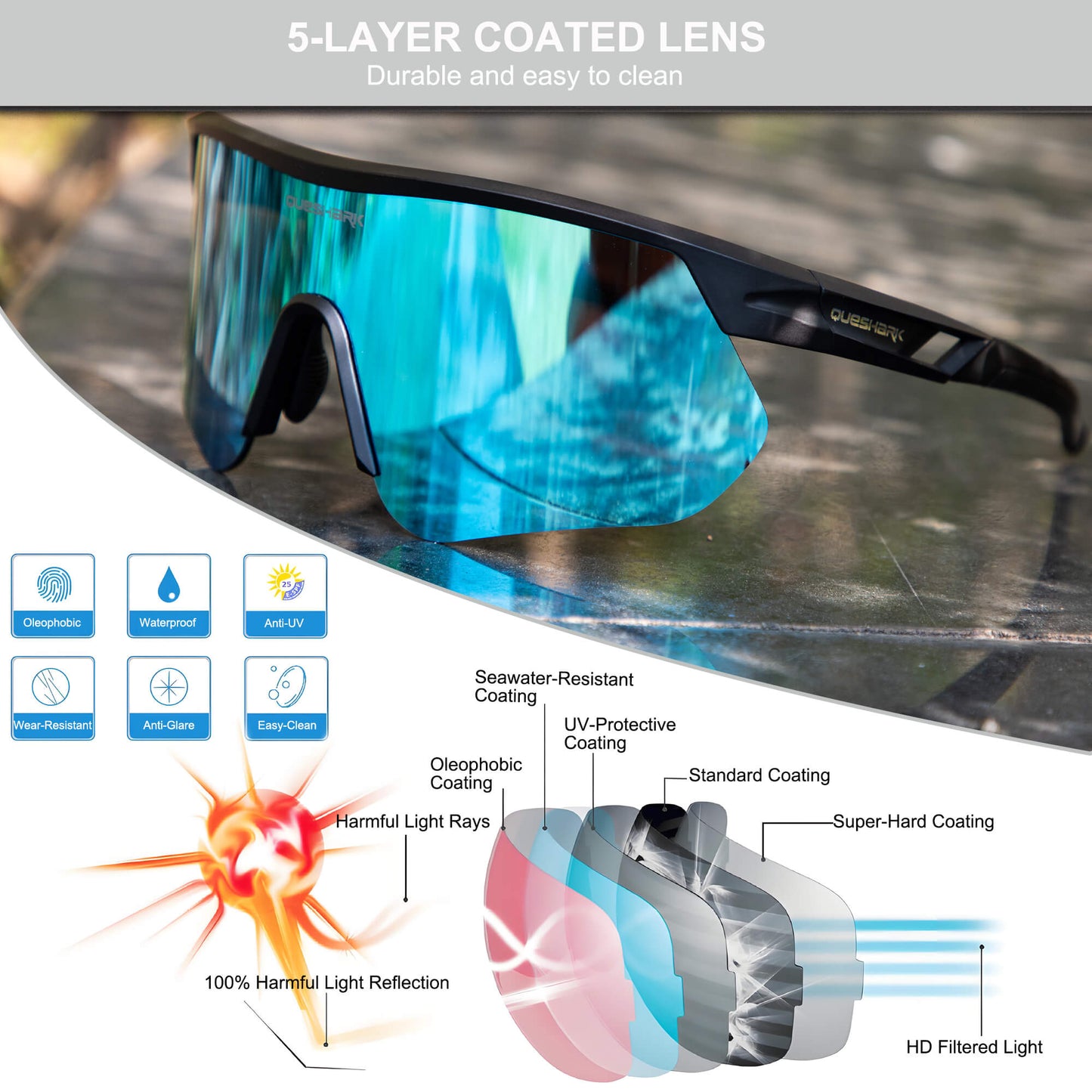 Queshark Cycling Running Glasses for Women Men UV400 Protection QE41 Black Blue