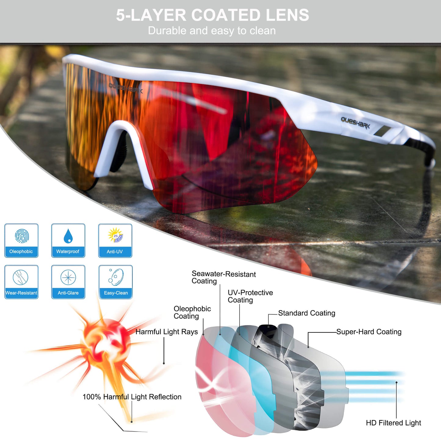 Queshark Cycling Running Glasses for Women Men UV400 Protection QE41 White Red