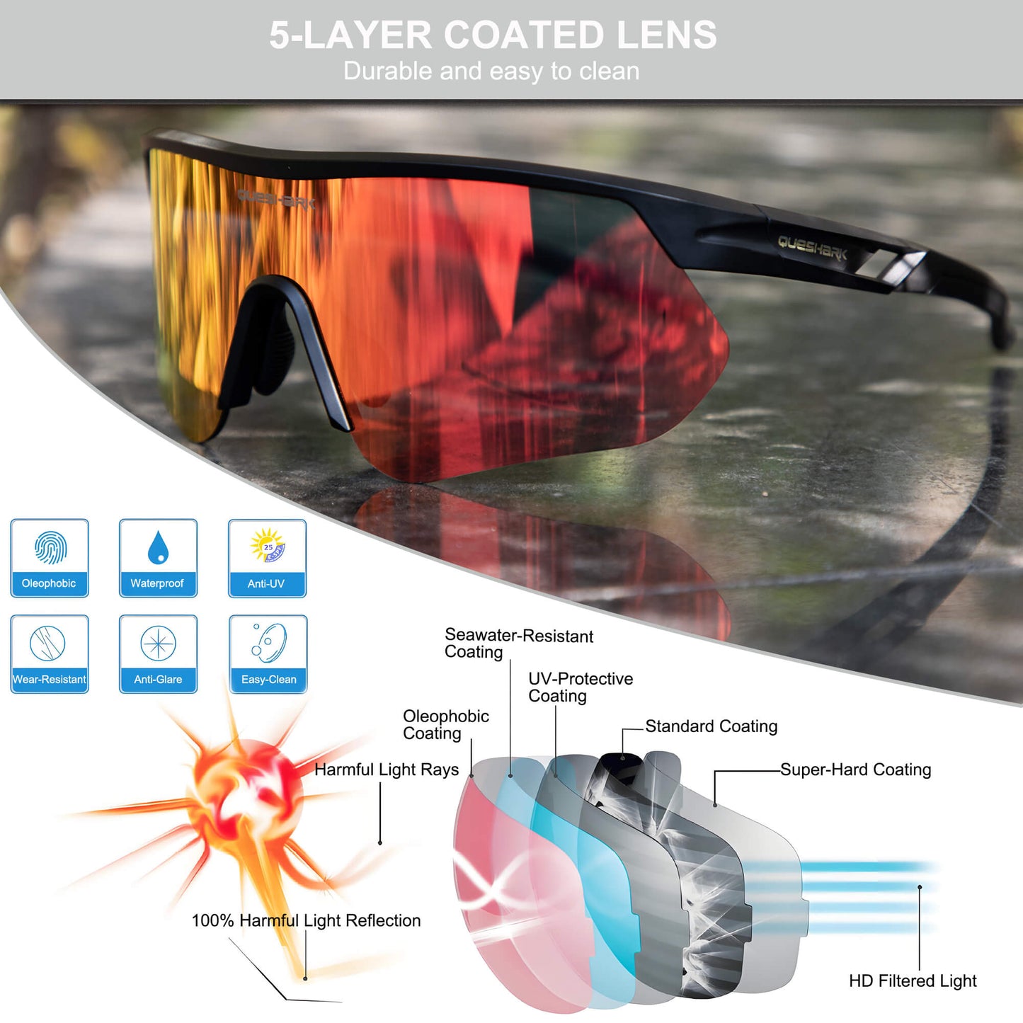 Queshark Cycling Running Glasses for Women Men UV400 Protection QE41 Black Red