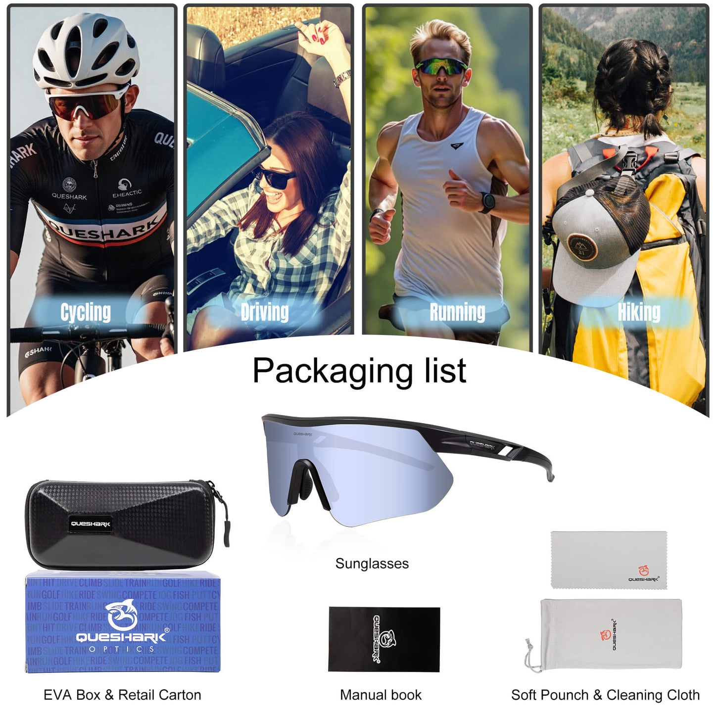 Queshark Cycling Running Glasses for Women Men UV400 Protection QE41 Black Silver
