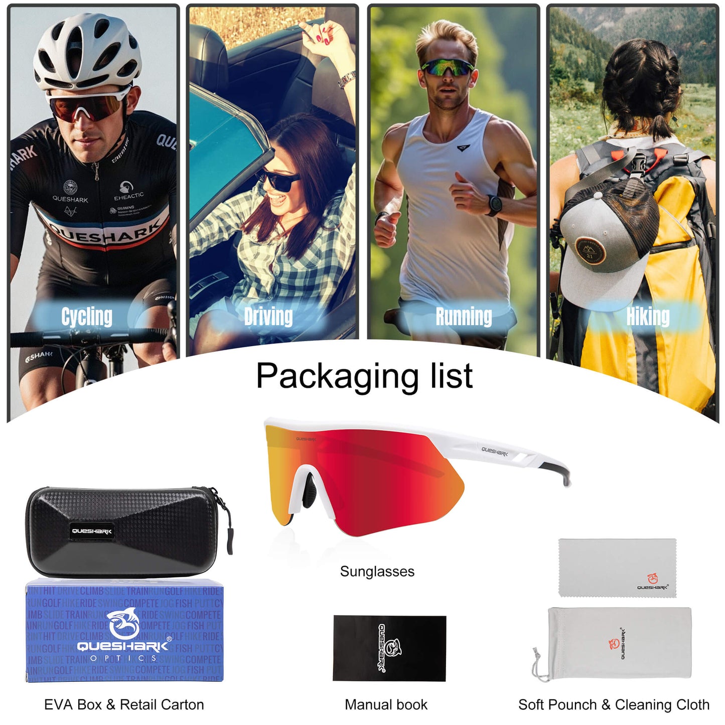 Queshark Cycling Running Glasses for Women Men UV400 Protection QE41 White Red