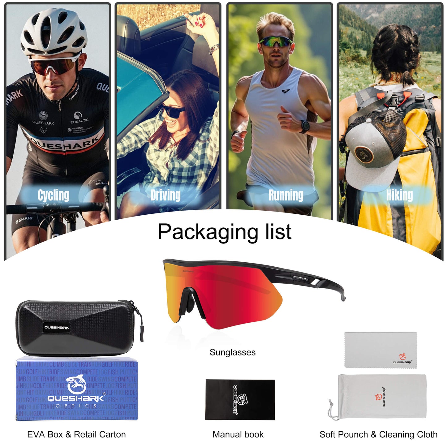 Queshark Cycling Running Glasses for Women Men UV400 Protection QE41 Black Red