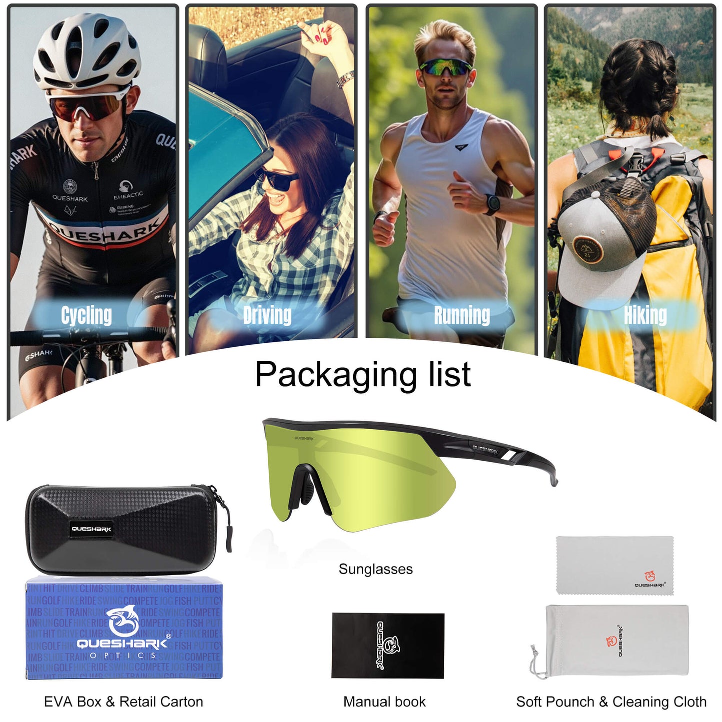 Queshark Cycling Running Glasses for Women Men UV400 Protection QE41 Black Gold