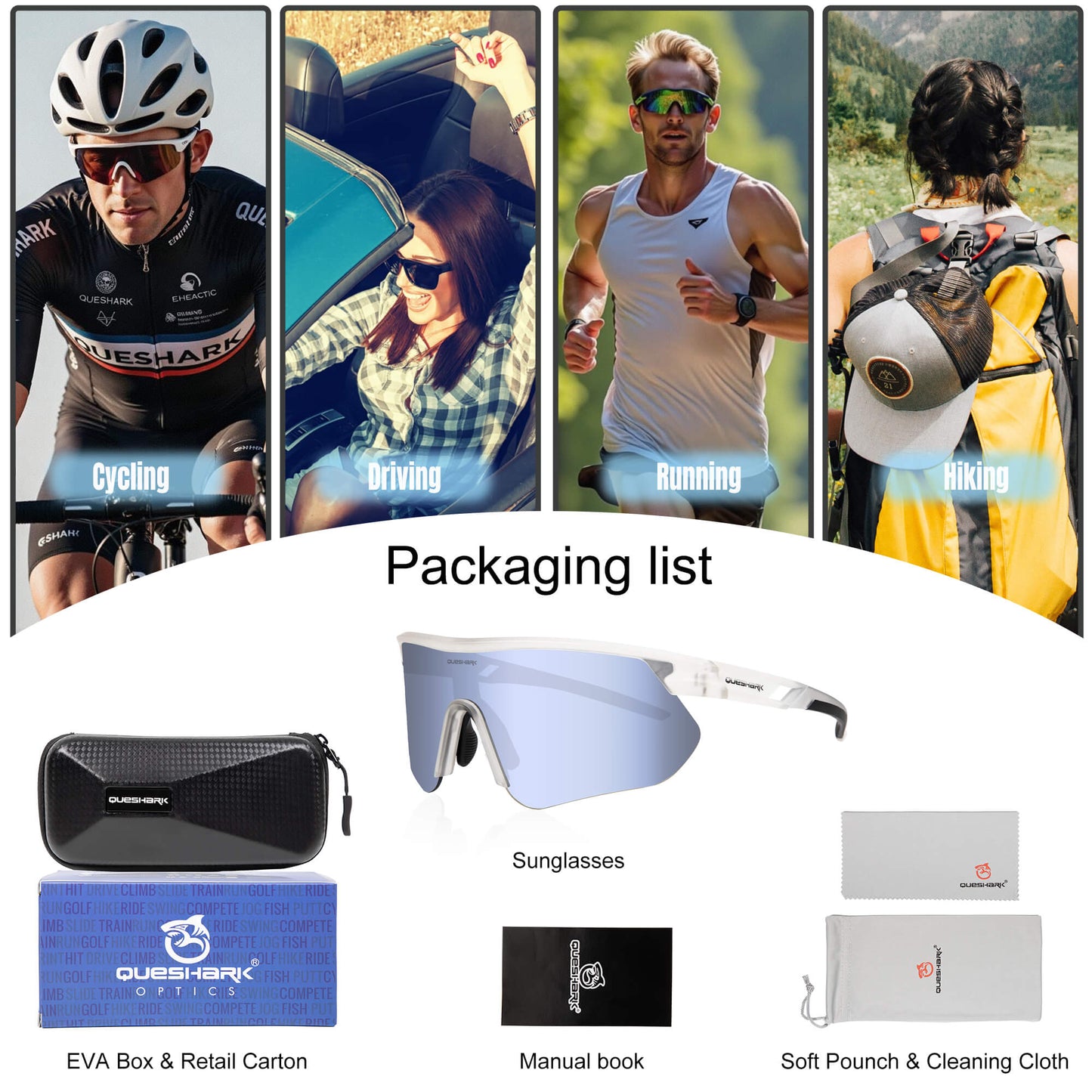 Queshark Cycling Running Glasses for Women Men UV400 Protection QE41 Clear Silver