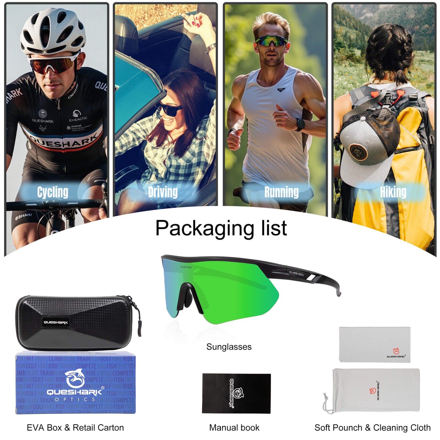 Queshark Cycling Running Glasses for Women Men UV400 Protection QE41 Black Green