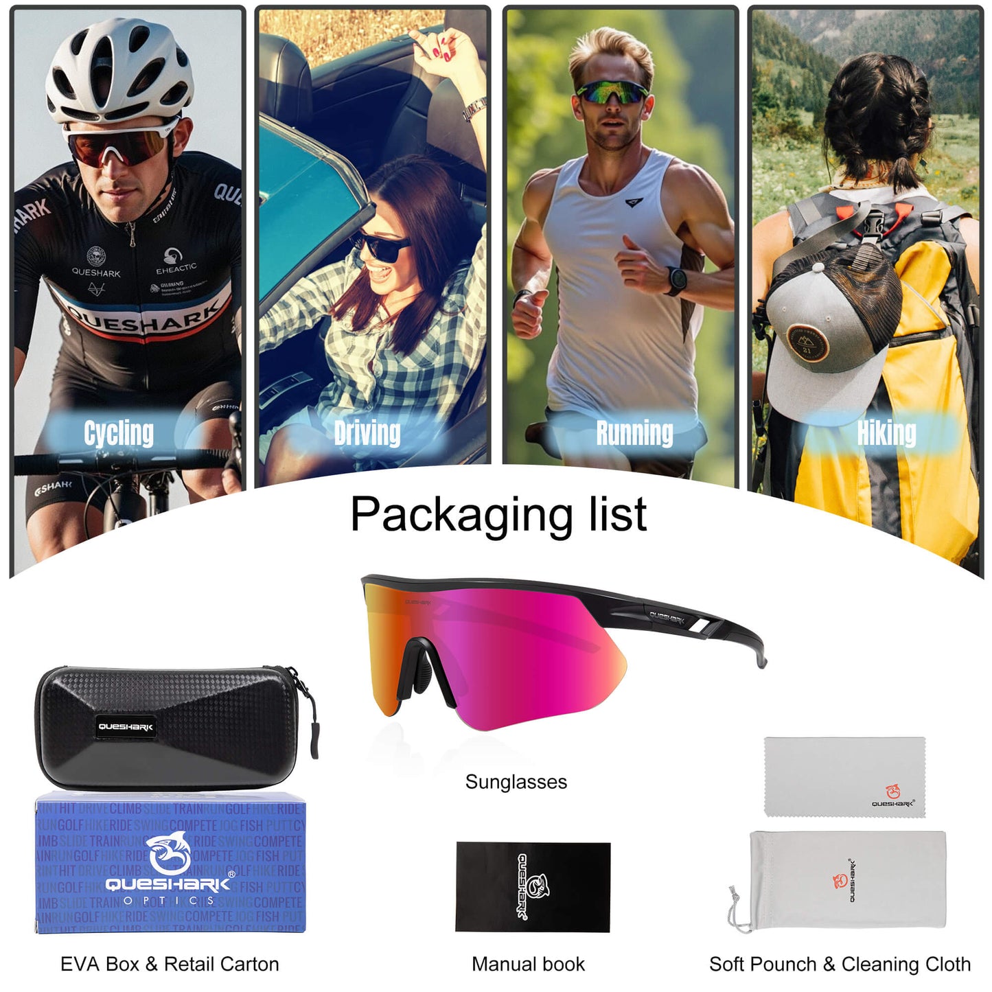 Queshark Cycling Running Glasses for Women Men UV400 Protection QE41 Black Rose Red