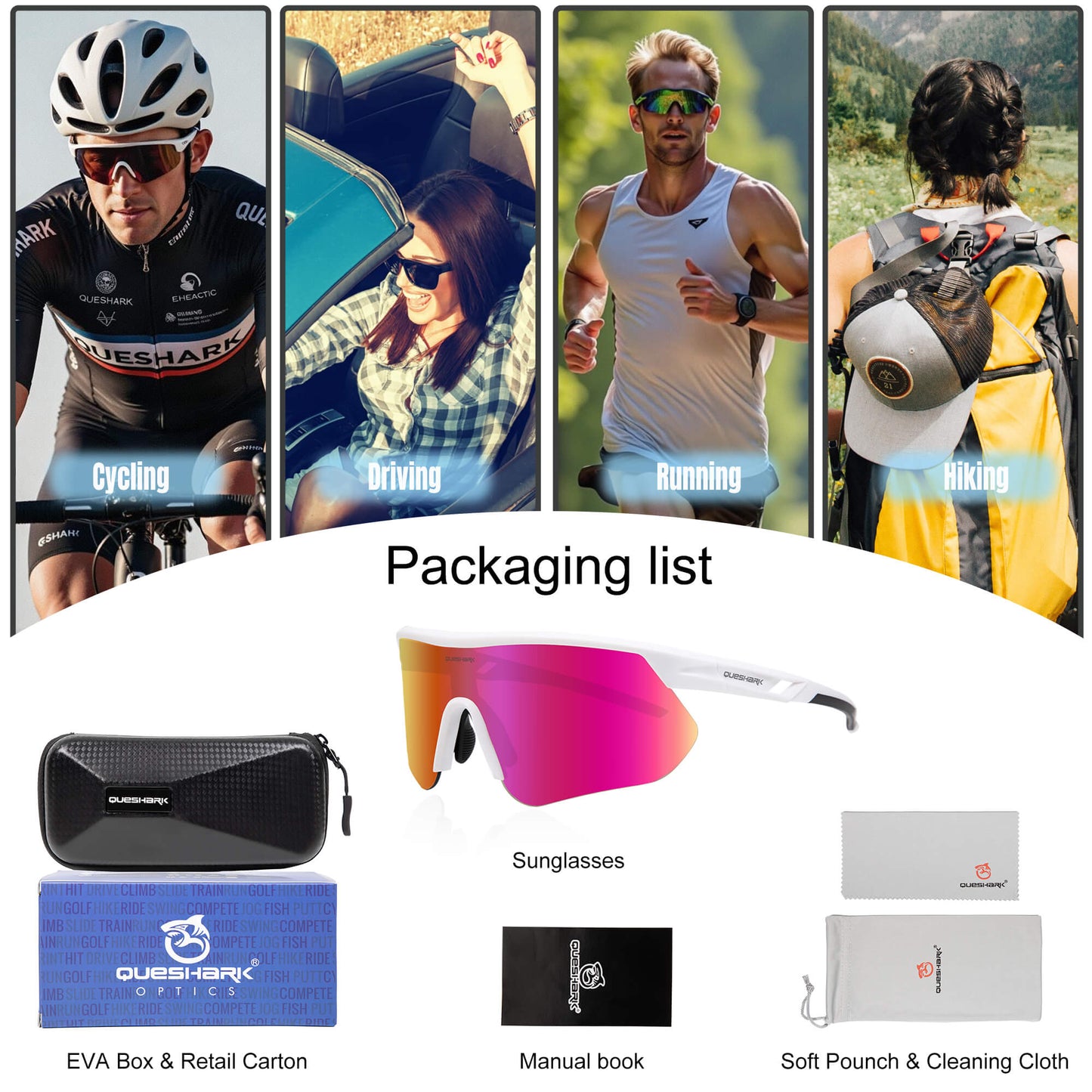 Queshark Cycling Running Glasses for Women Men UV400 Protection QE41 White Rose Red