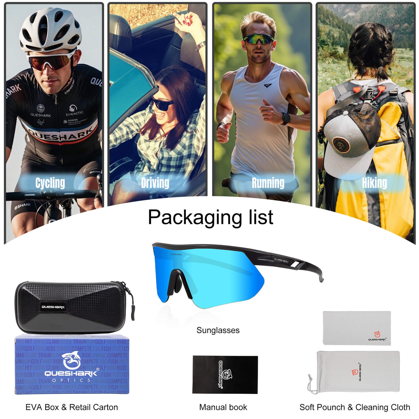 Queshark Cycling Running Glasses for Women Men UV400 Protection QE41 Black Blue