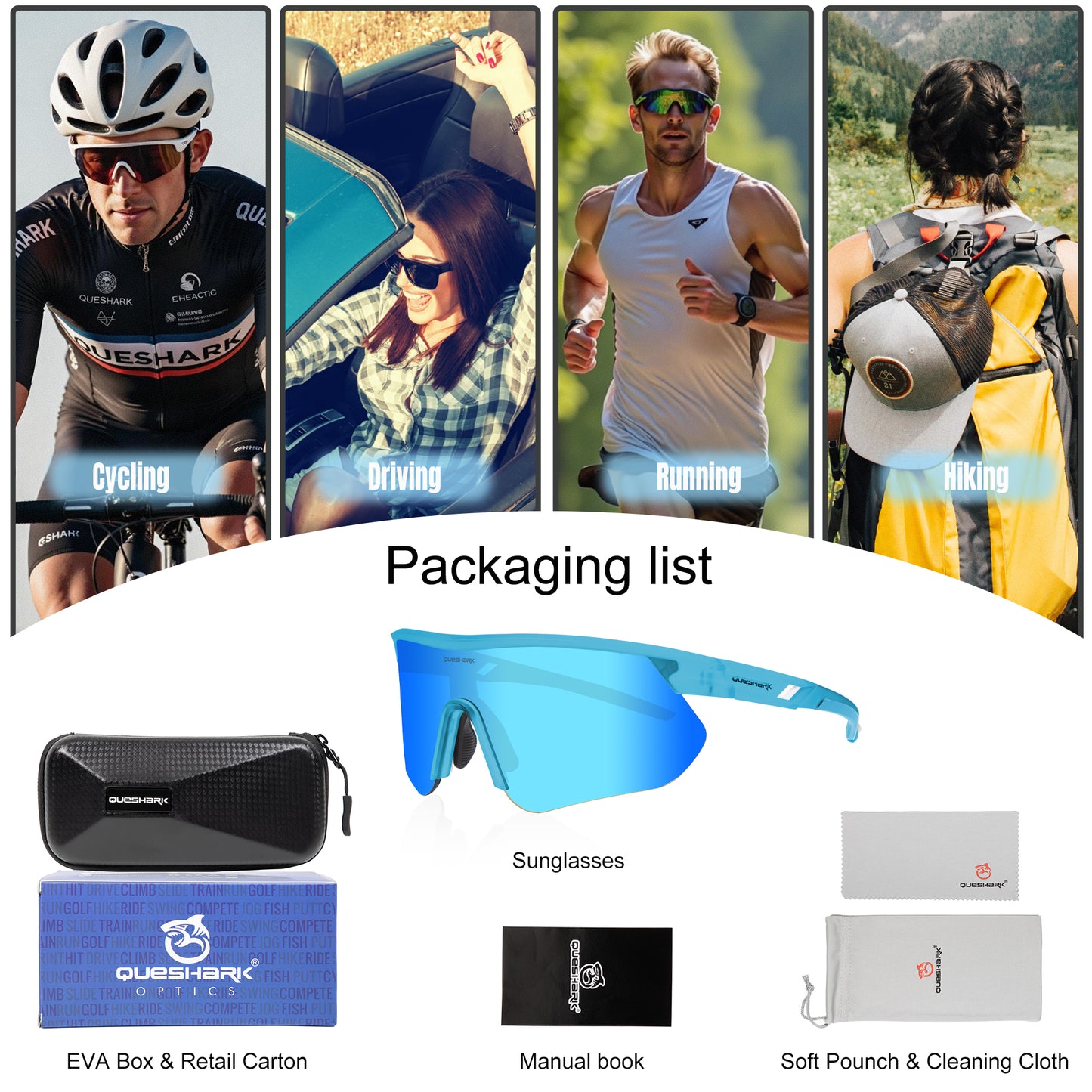 Queshark Cycling Running Glasses for Women Men UV400 Protection QE41 Clear Blue