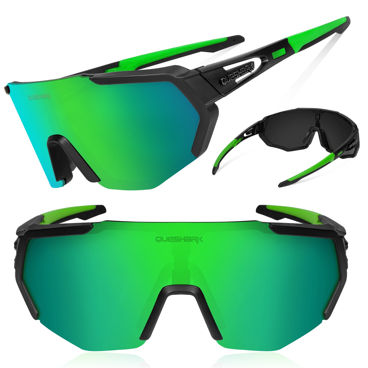QE42 Black Green UV400 Polarized Cycling Eyewear Bike Glasses Bicycle Sunglasses 5 Lens/Set