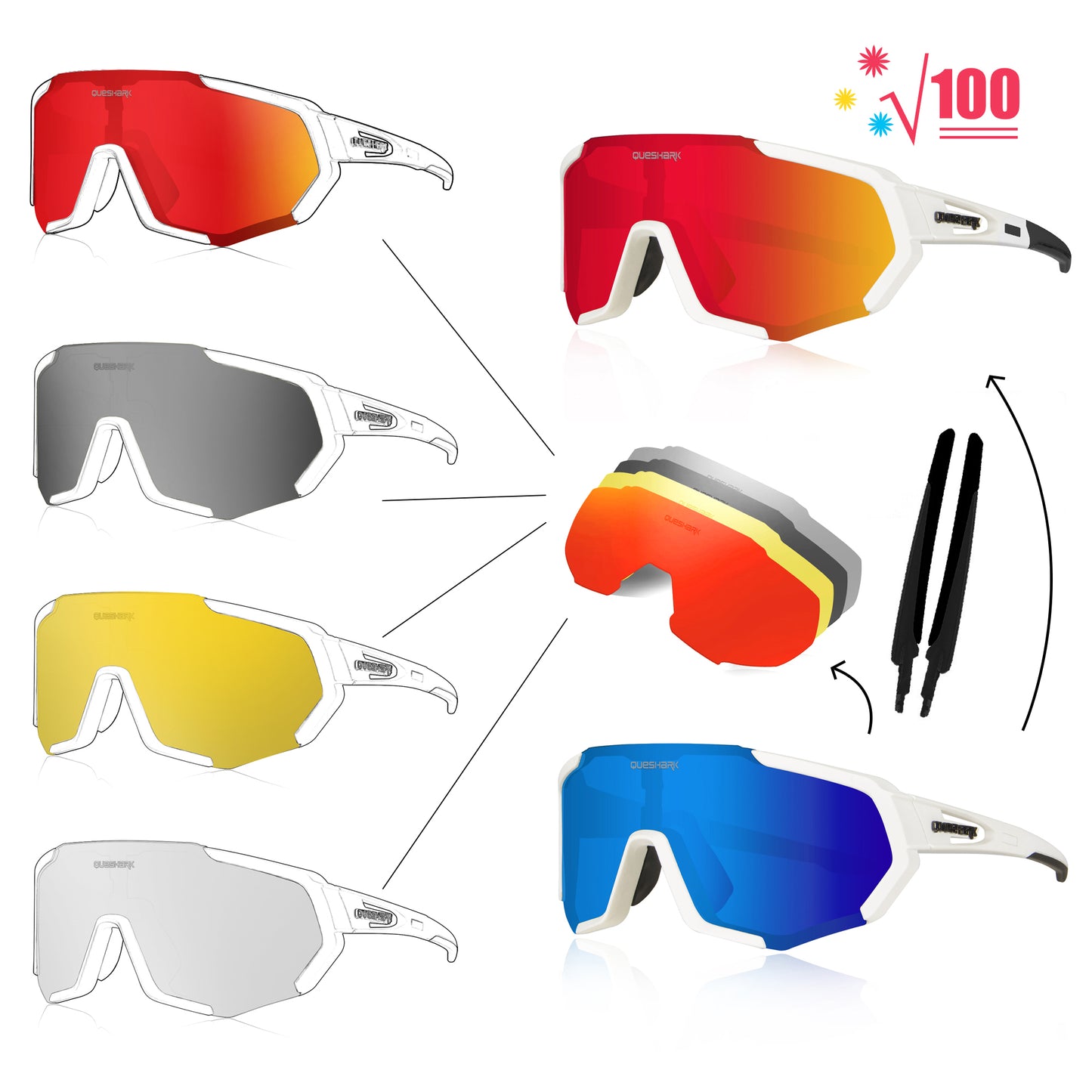 QE48 White Polarized Bike Sunglasses Bicycle Goggles Cycling Eyewear UV400 5 Lens/Set