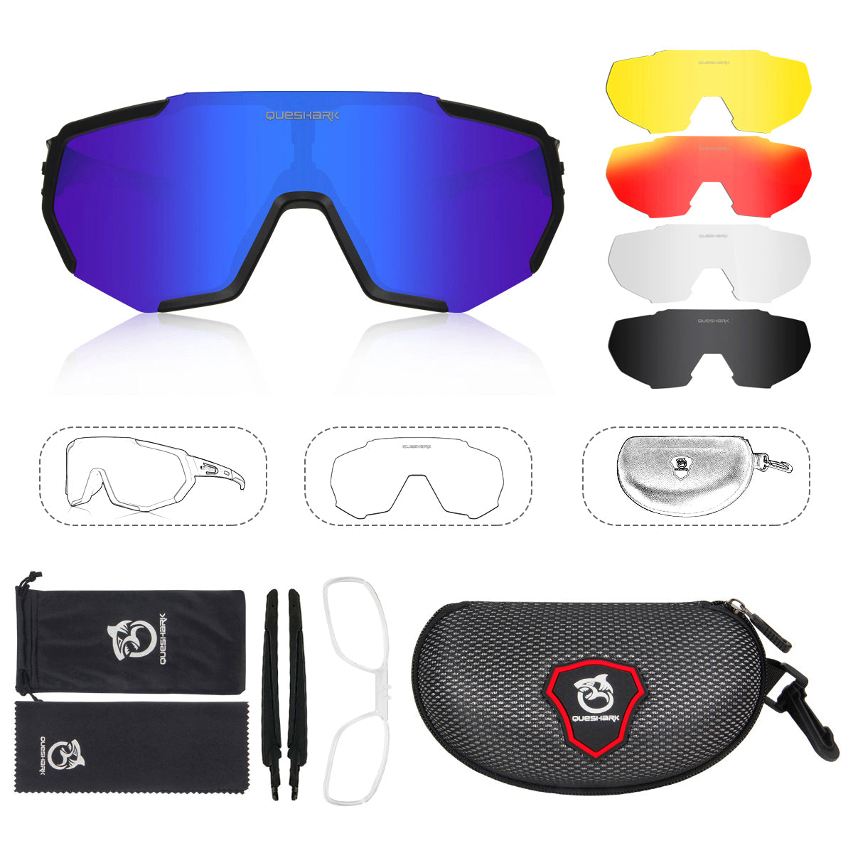 <transcy>Óculos de sol polarizados para bicicleta QE48 preto azul óculos de proteção para ciclismo óculos UV400 5 lentes / conjunto</transcy>