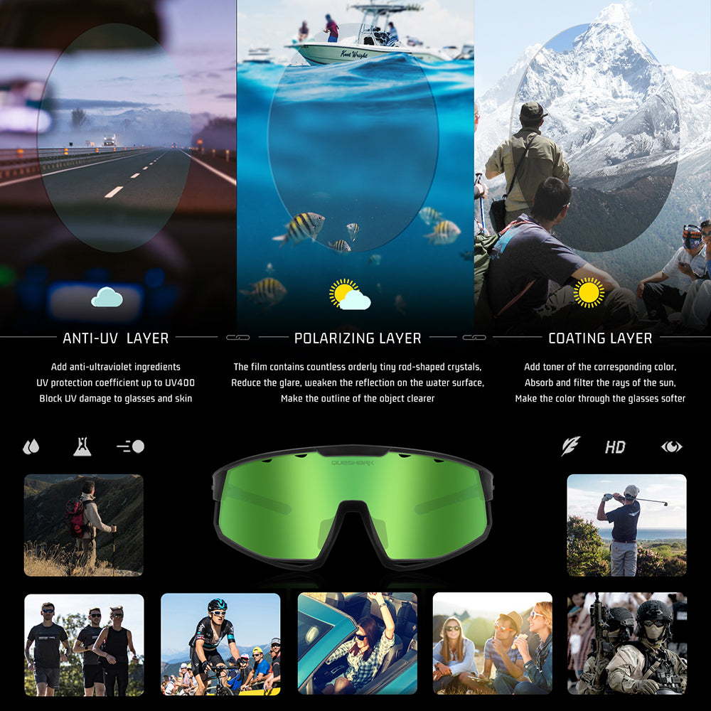 Óculos de sol polarizados verdes QE56 Óculos de ciclismo masculino e feminino Óculos de direção grandes com 5 lentes