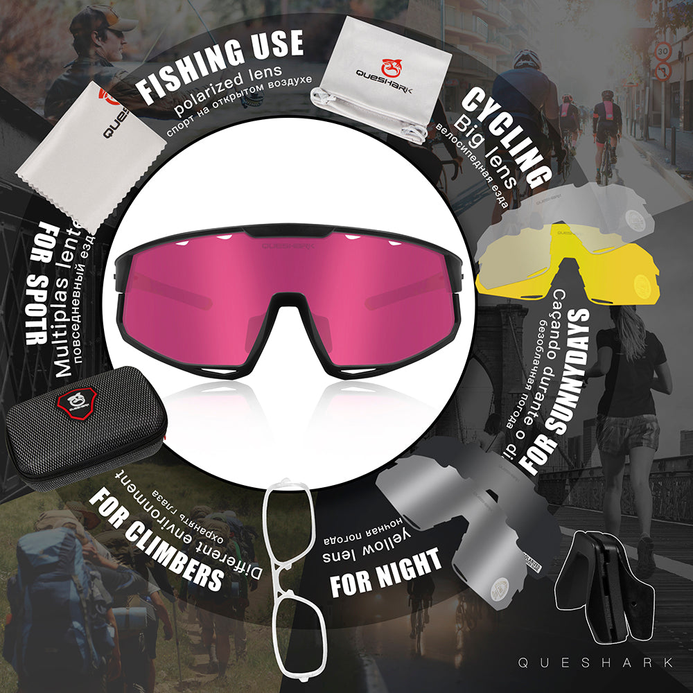 QE56 Rosa Polarisierte Sonnenbrille Fahrradbrillen Herren Damen Übergroße Autofahrerbrille mit 5 Gläsern