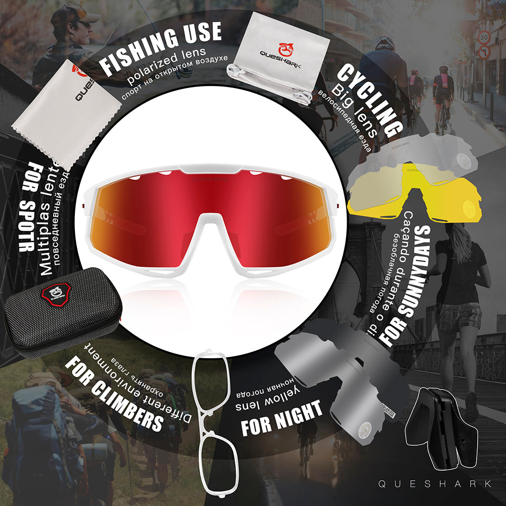 QE56 Weiß Polarisierte Sonnenbrille Fahrradbrillen Herren Damen Übergroße Autofahrerbrille mit 5 Gläsern