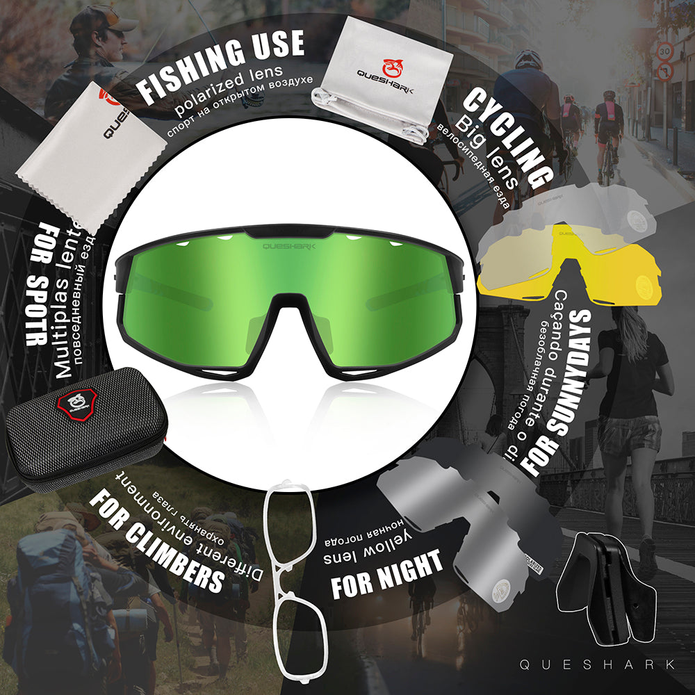 Óculos de sol polarizados verdes QE56 Óculos de ciclismo masculino e feminino Óculos de direção grandes com 5 lentes