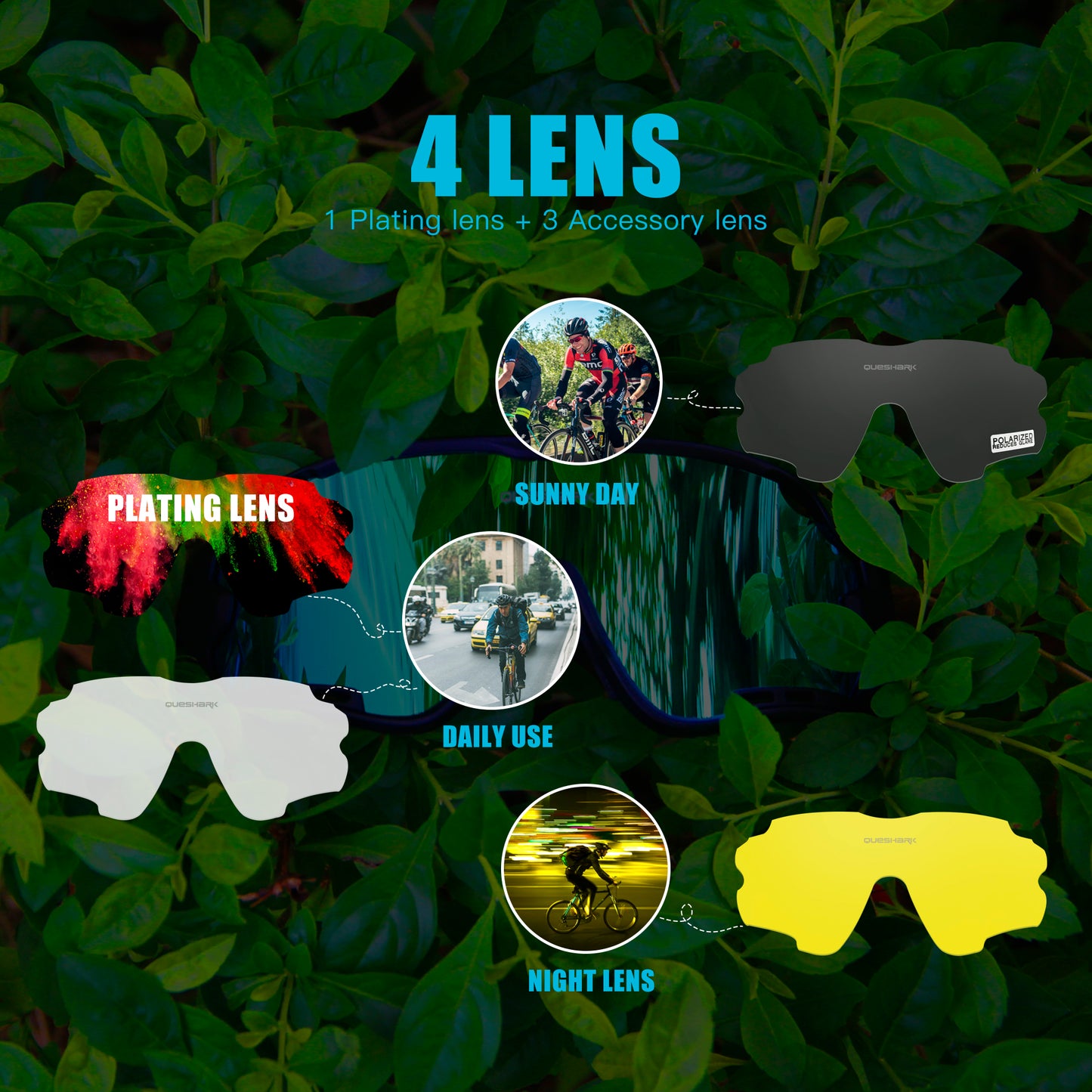 QE44 Black Polarized Cycling Sunglasses UV400 Bike Glasses Sport Eyewear for Men Women 4 Lens