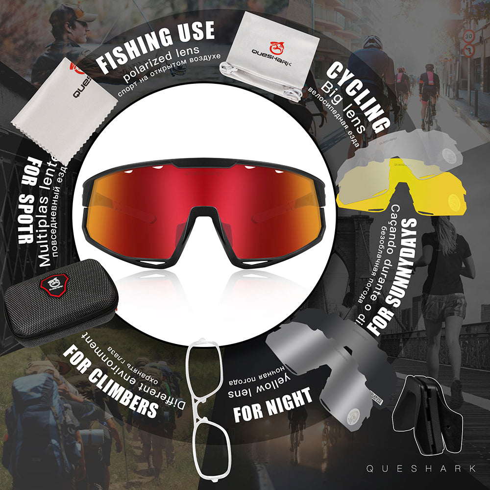 QE56 Schwarz Rot Polarisierte Sonnenbrille Fahrradbrillen Herren Damen Übergroße Autofahrerbrille mit 5 Gläsern