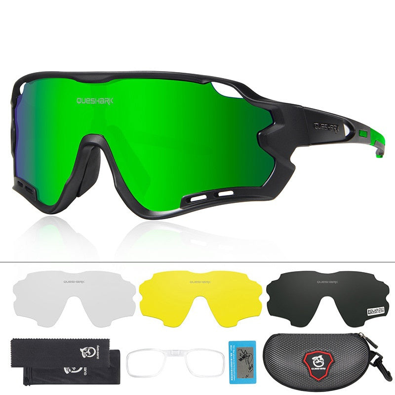 QE44 Black Green Polarized Cycling Sunglasses UV400 Bike Glasses Sport Eyewear for Men Women 4 Lens