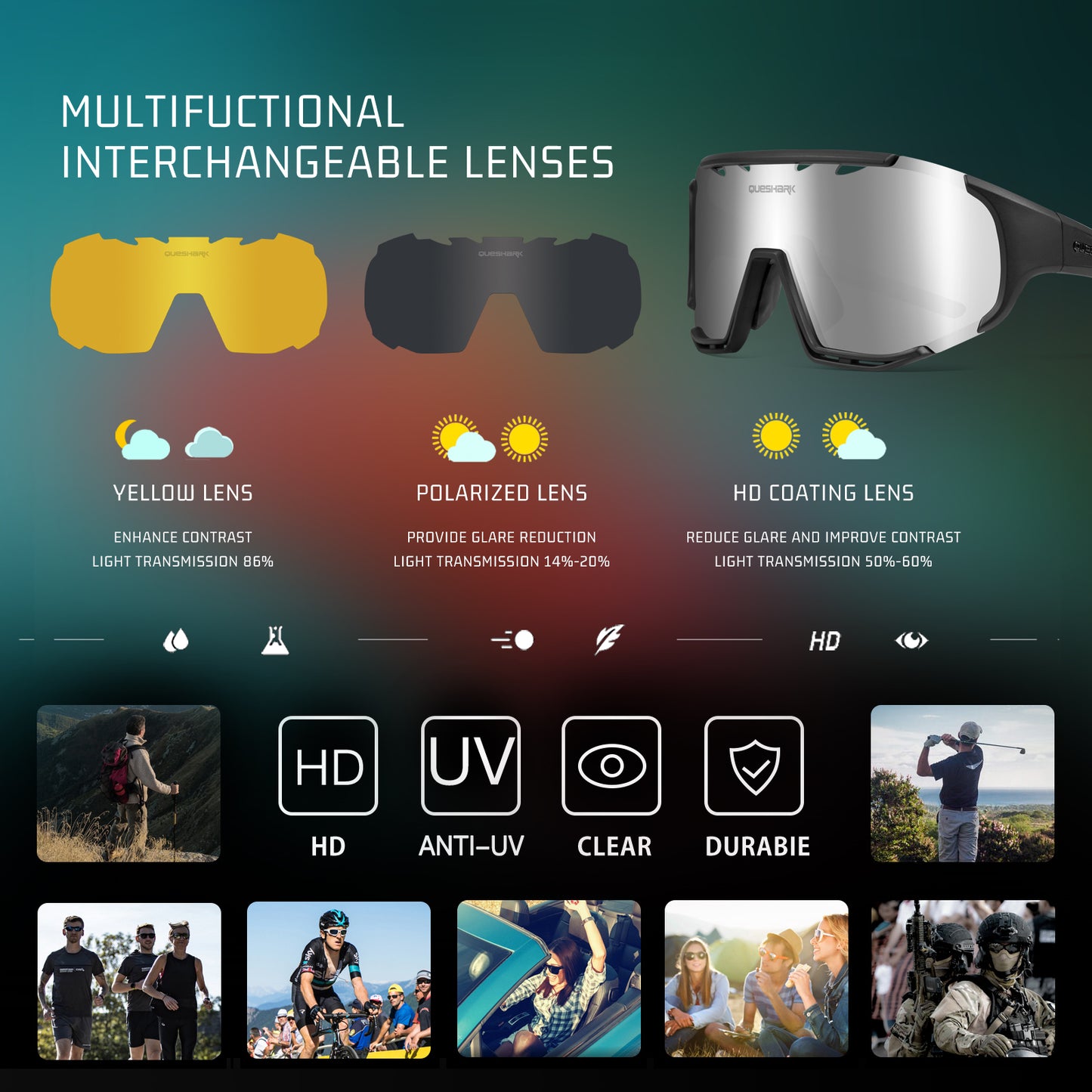 <transcy>QE55 Lunettes de soleil polarisées noires Lunettes de cyclisme Hommes Femmes Lunettes de conduite surdimensionnées avec 5 lentilles</transcy>