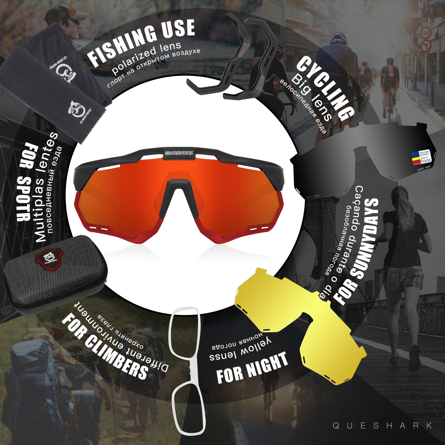 QE52 Black Red Polarized Cycling Glasses Men Women Sport Sunglasses with Replaceable Frame/Lens