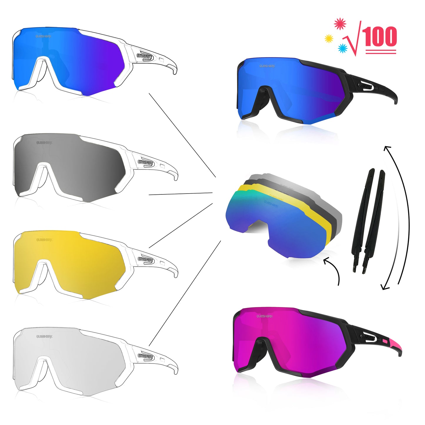 <transcy>QE48 Preto Rosa Óculos Polarizados Óculos de Sol para Bicicleta Óculos de Bicicleta Óculos de Ciclismo UV400 5 Lentes / Conjunto</transcy>