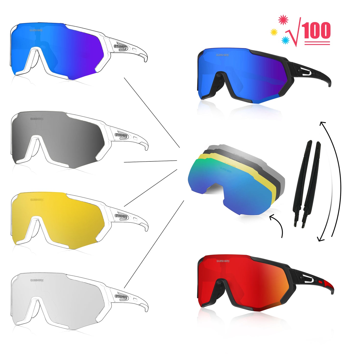 <transcy>QE48 Preto Vermelho Óculos Polarizados Óculos de Sol para Bicicleta Óculos de Bicicleta Óculos de Ciclismo UV400 5 Lentes / Conjunto</transcy>