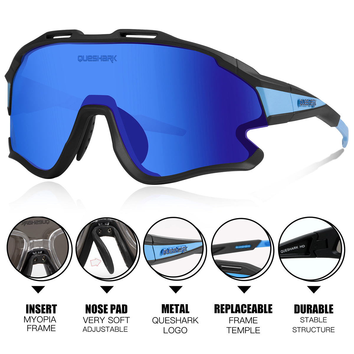 <transcy>QE51 Negro Azul UV400 Gafas de ciclismo Gafas de sol de bicicleta 1 Lente polarizada 3 HD</transcy>