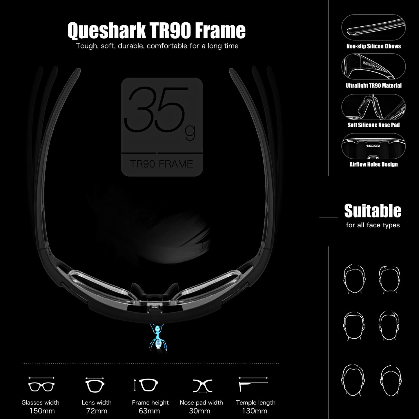<transcy>Óculos de sol polarizados pretos azul QE55 Óculos de ciclismo masculino e feminino Óculos de direção grandes com 5 lentes</transcy>