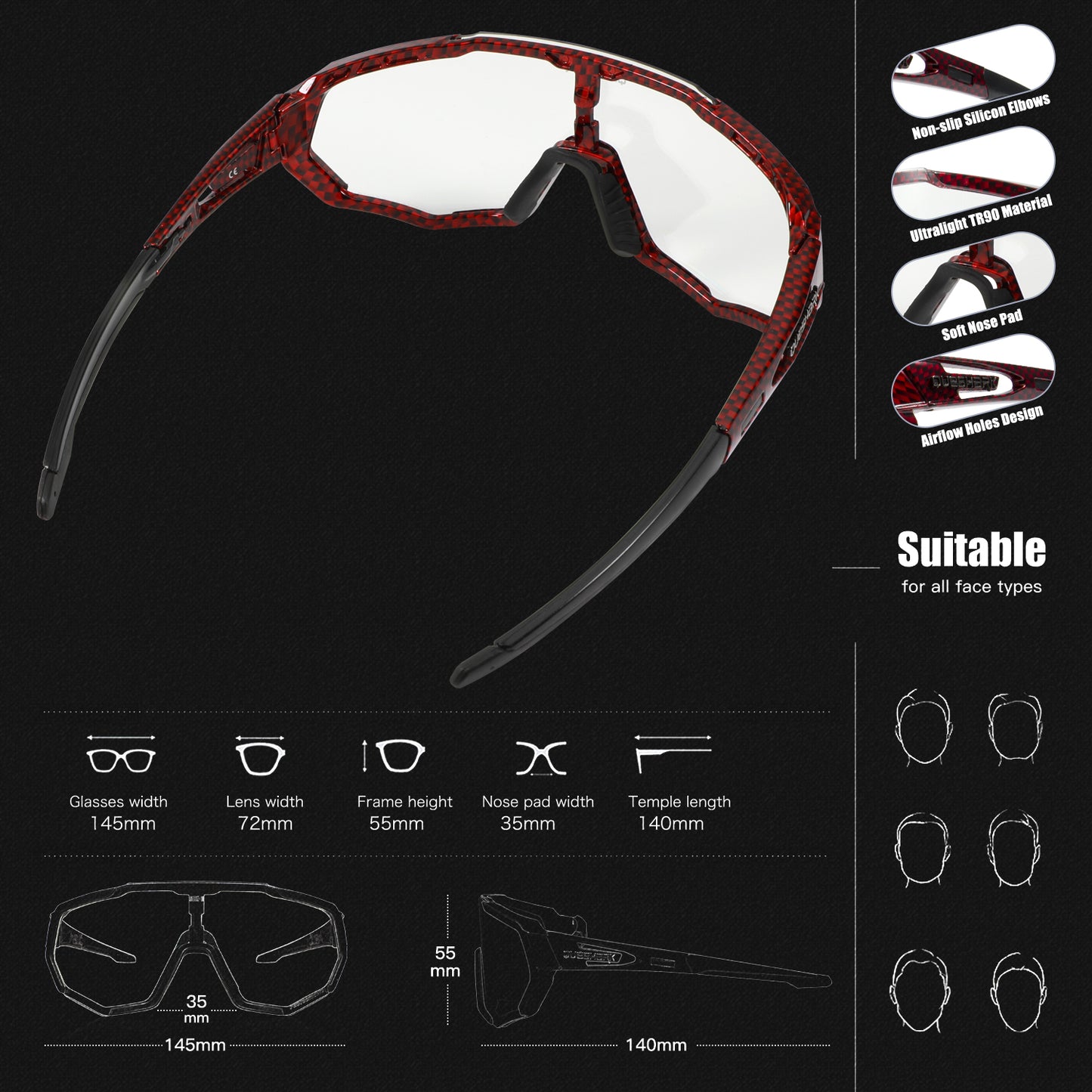 QE48 BS Queshark Gafas de sol fotocromáticas para hombres Mujeres Gafas de seguridad para ciclismo Protección UV Deporte al aire libre MTB -TXWR