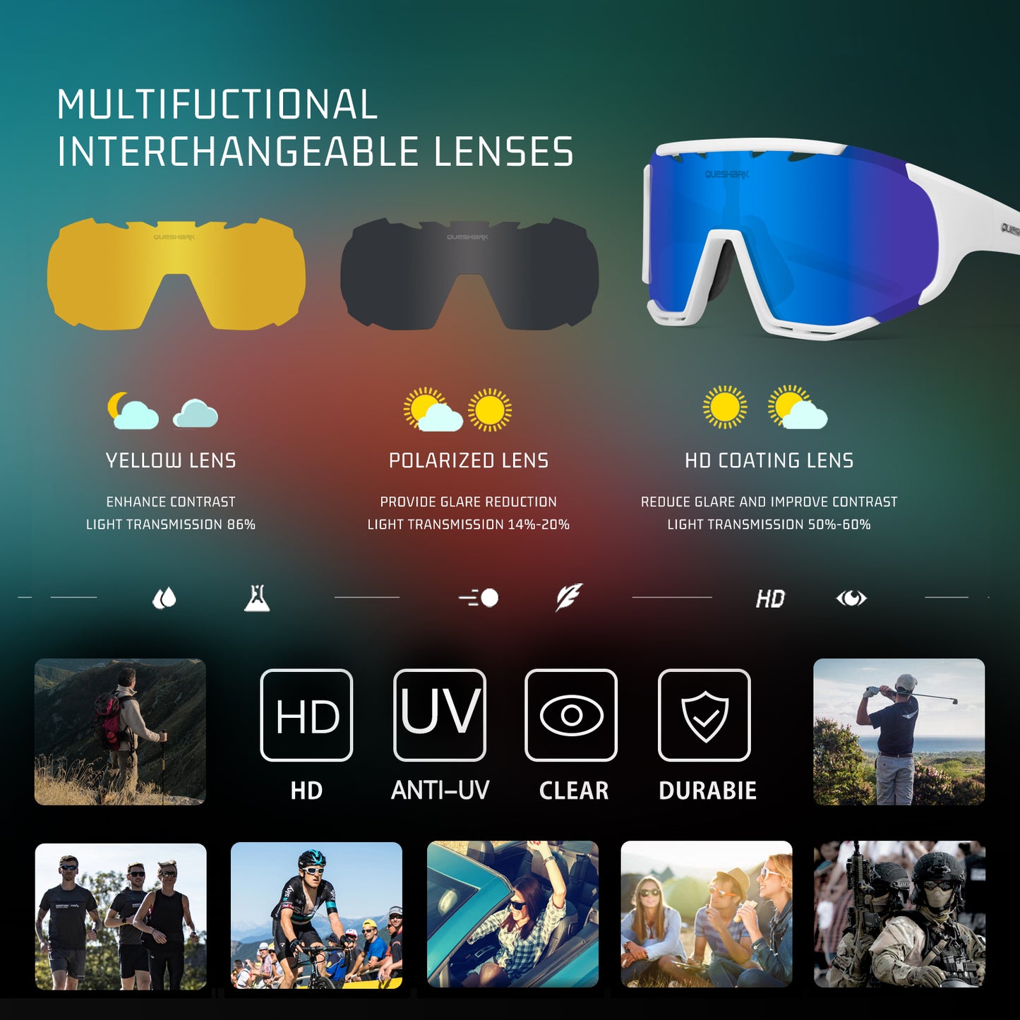 Óculos de sol polarizados brancos QE55 Óculos de ciclismo masculino e feminino Óculos de direção grandes com 5 lentes