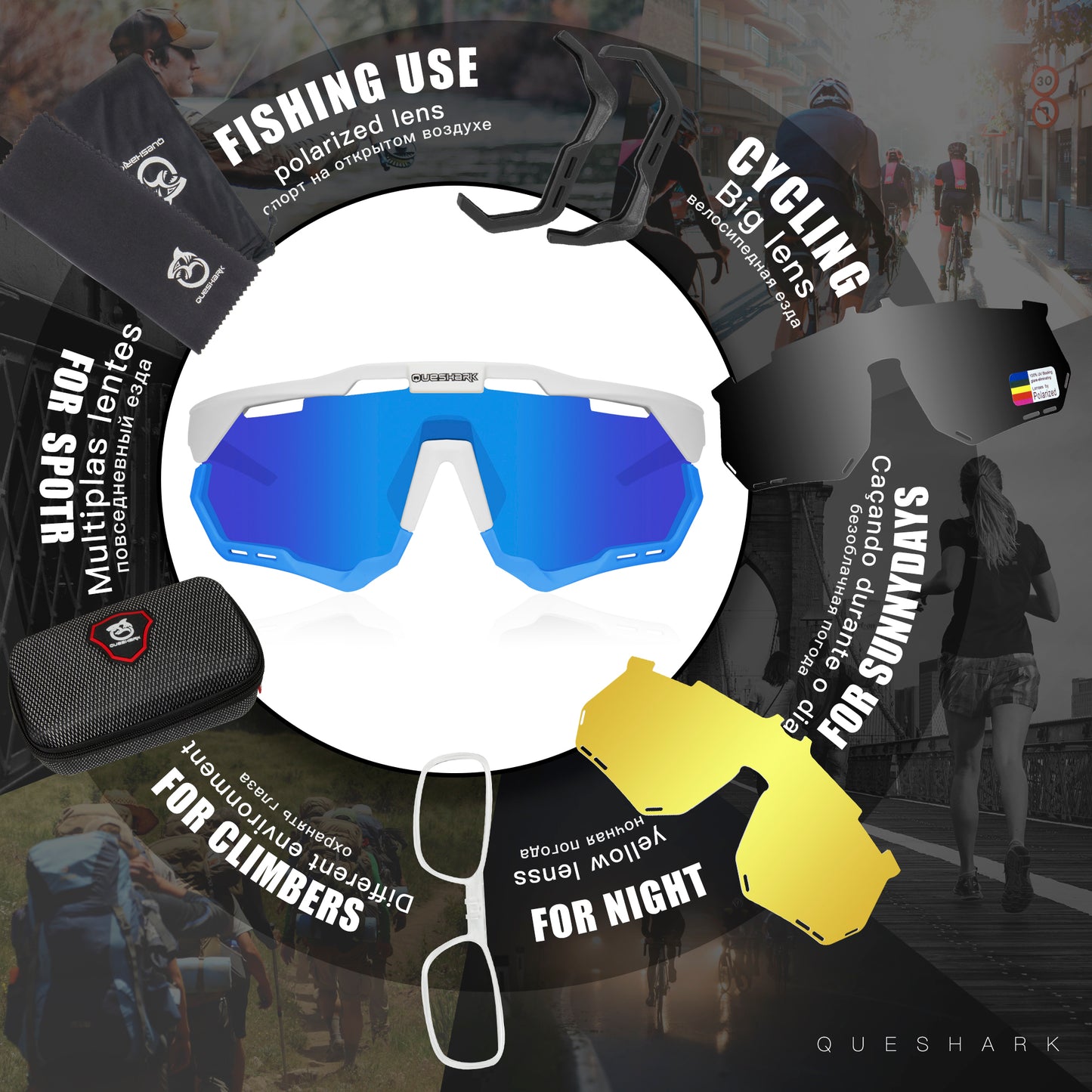 QE52 White Blue Polarized Cycling Glasses Men Women Sport Sunglasses with Replaceable Frame/Lens
