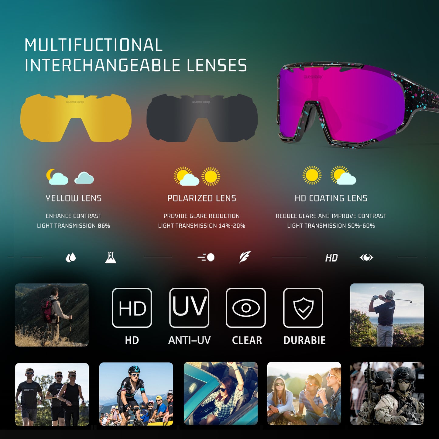 <transcy>QE55 Starry Sky Pink Gafas de sol polarizadas Ciclismo Gafas Hombres Mujeres Gafas de conducción de gran tamaño con 5 lentes</transcy>
