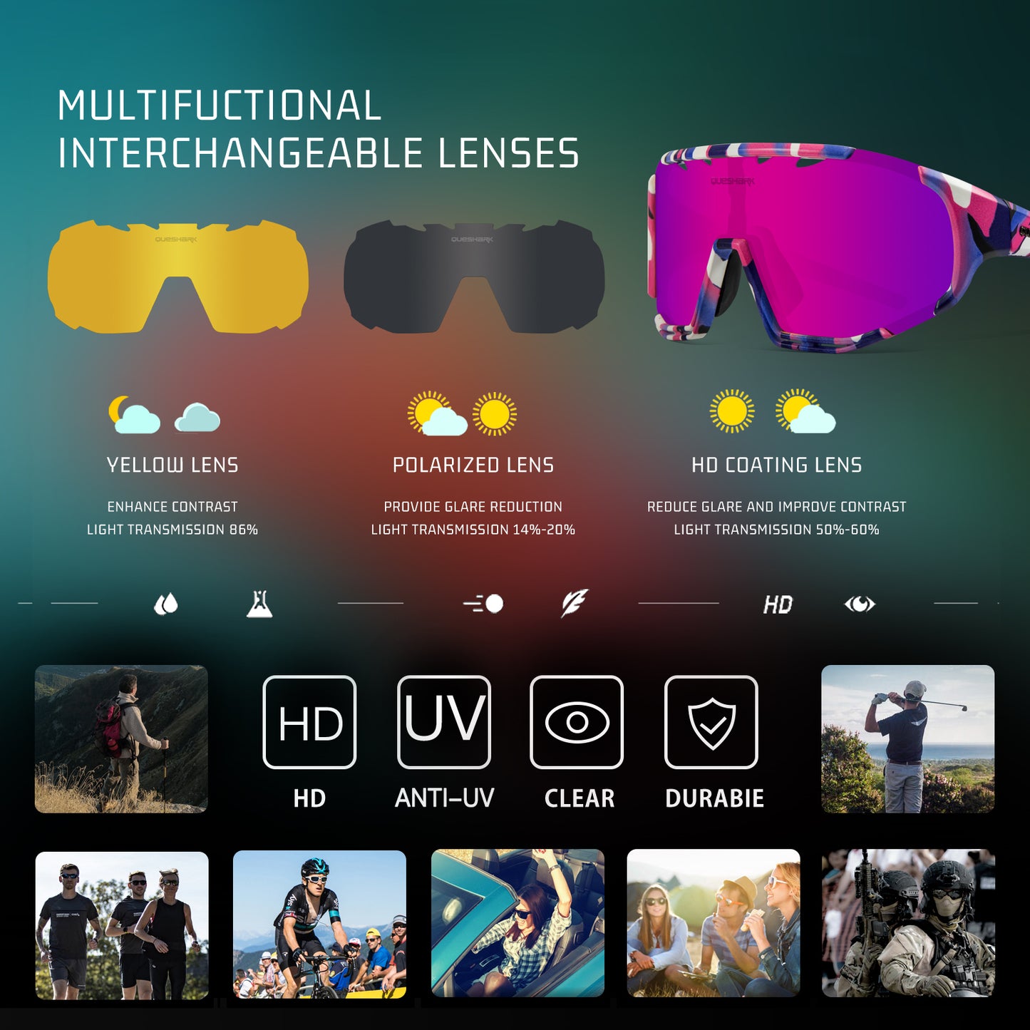 <transcy>Óculos de sol polarizados rosa camuflagem QE55 Óculos de ciclismo masculino e feminino Óculos de direção grandes com 5 lentes</transcy>