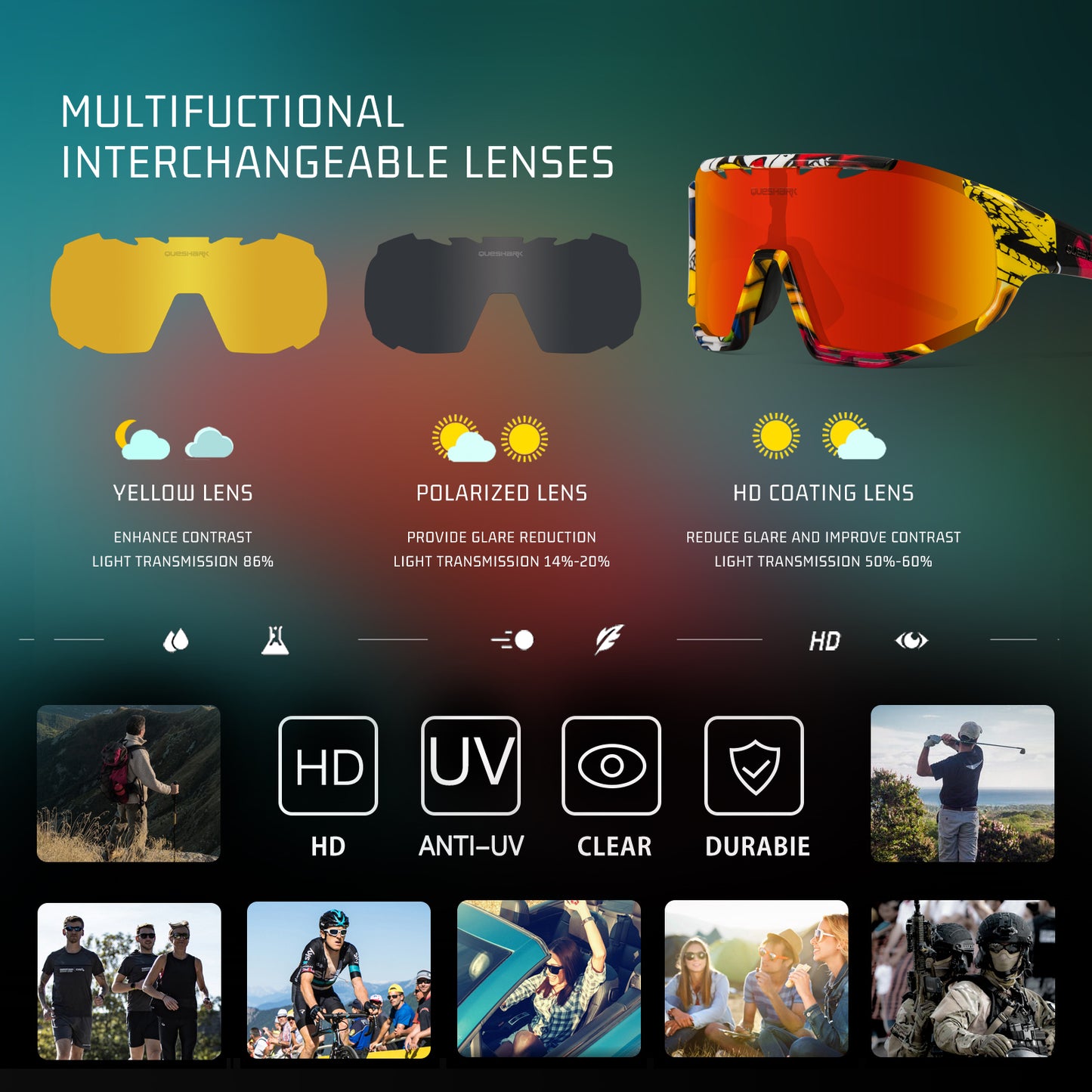 <transcy>QE55 Camouflage Red Polarized Sunglasses Óculos de ciclismo Homens Mulheres Óculos de direção grandes com 5 lentes</transcy>
