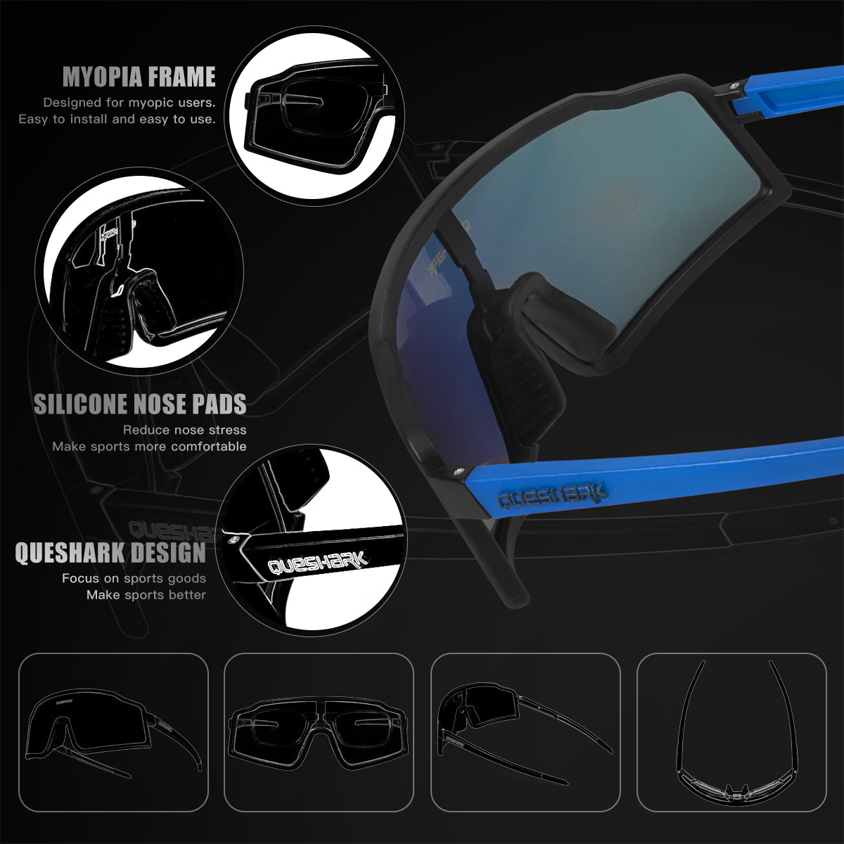 <transcy>QE54 Gafas deportivas negras y azules Gafas de sol polarizadas para bicicleta Gafas de ciclismo 3 lentes / juego</transcy>