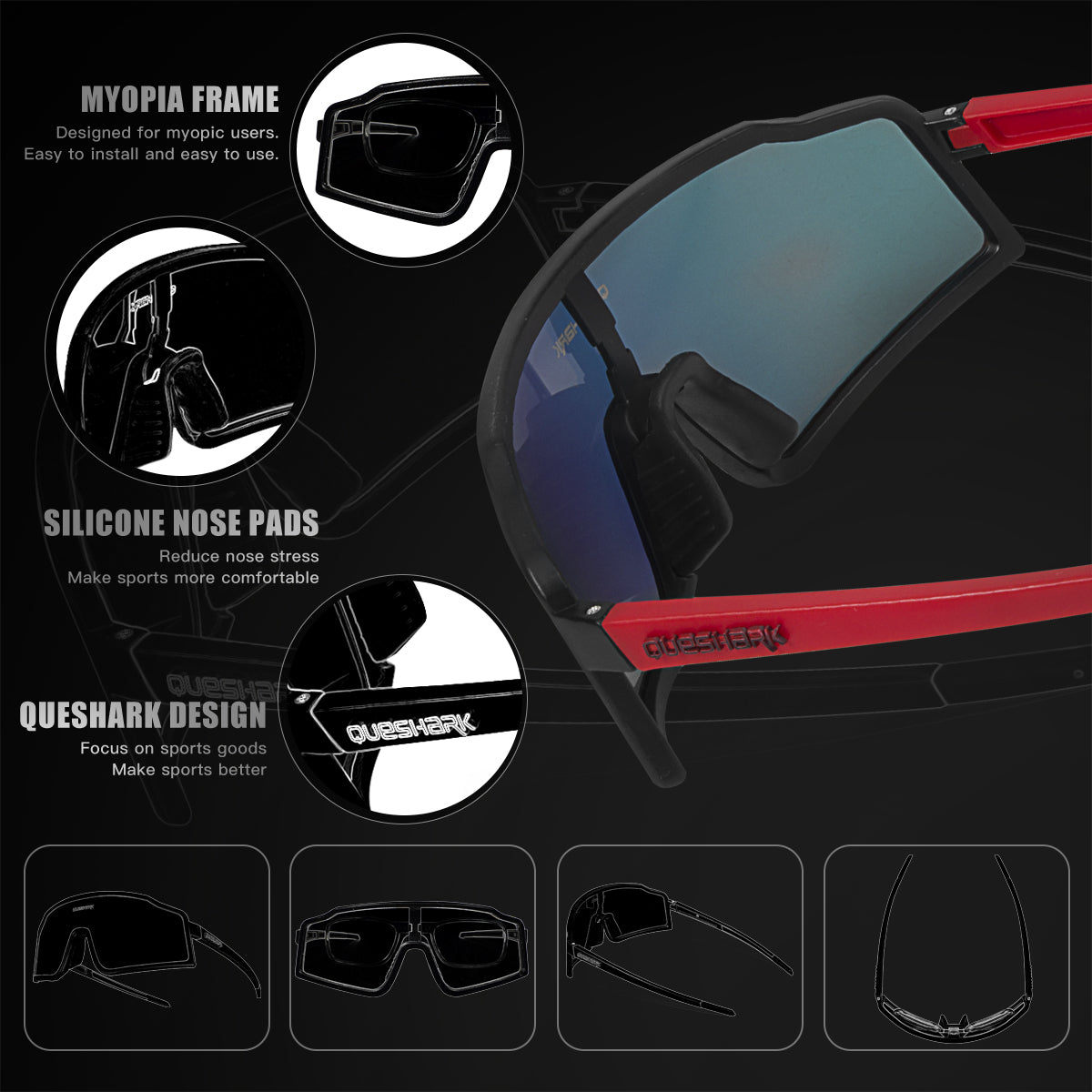 QE54 Black Red Sports Glasses Polarized Bicycle Sunglasses Cycling Eyewear 3 Lens/Set
