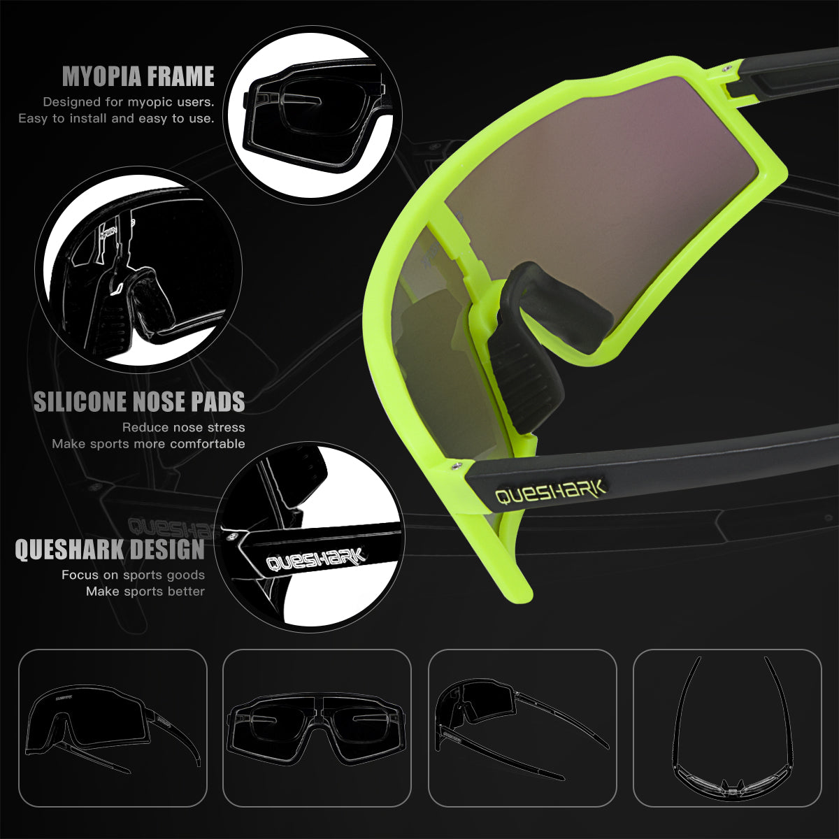 <transcy>QE54 Óculos esportivos verdes óculos polarizados de bicicleta Óculos de ciclismo 3 lentes / conjunto</transcy>