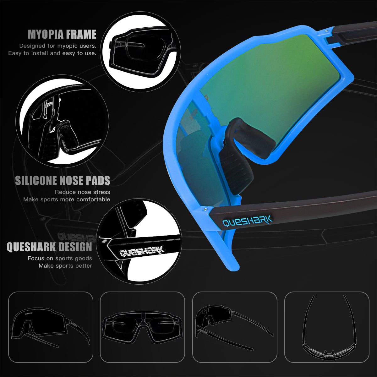 QE54 Blue Sports Glasses Polarized Bicycle Sunglasses Cycling Eyewear 3 Lens/Set