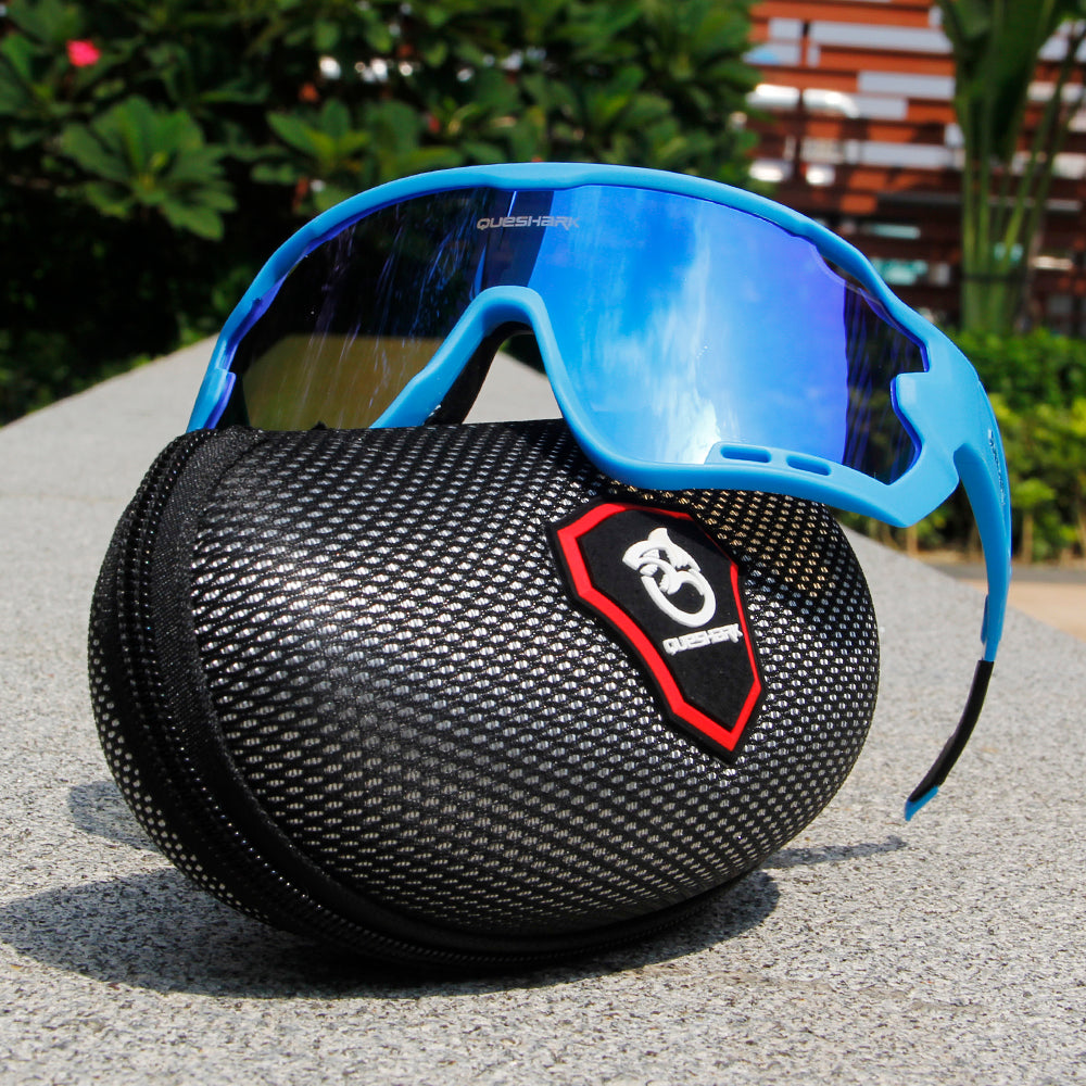 QE44 Blue Polarized Cycling Sunglasses UV400 Bike Glasses Sport Eyewear for Men Women 4 Lens