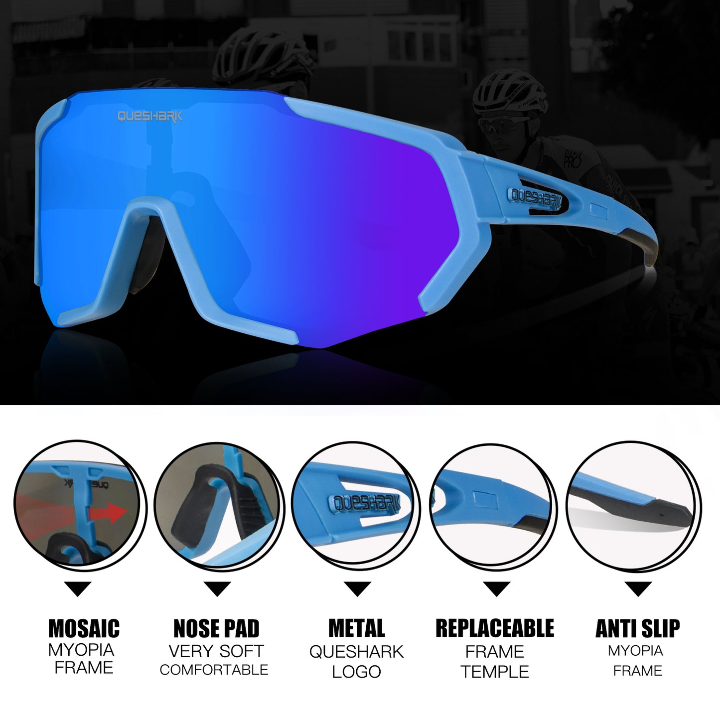 QE48 Blue Polarized Glasses Bike Sunglasses Bicycle Goggles Cycling Eyewear UV400 5 Lens/Set