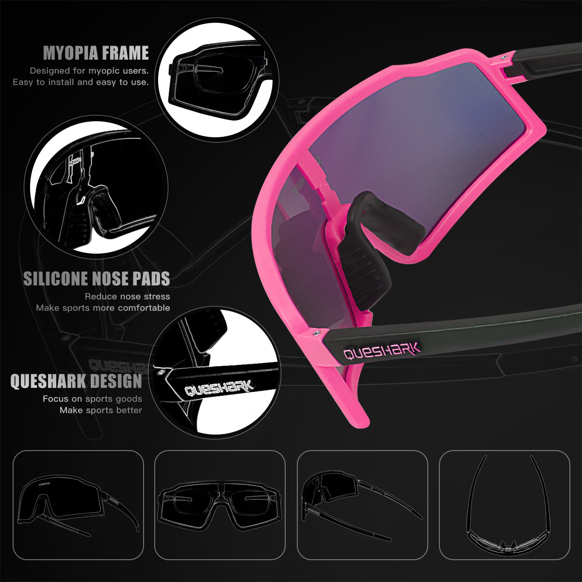 QE54 Pink Sports Glasses Polarized Bicycle Sunglasses Cycling Eyewear 3 Lens/Set
