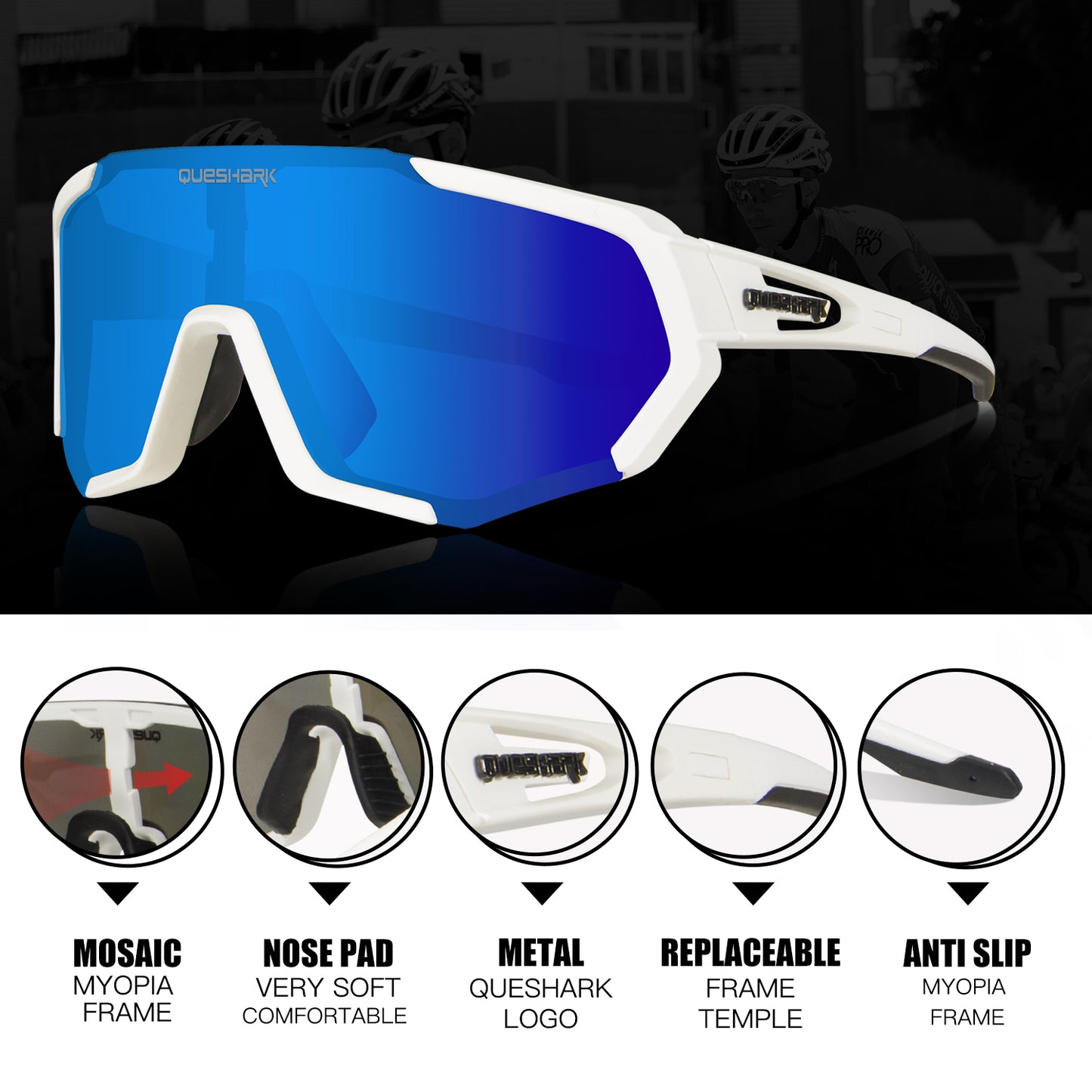 QE48 White Polarized Bike Sunglasses Bicycle Goggles Cycling Eyewear UV400 5 Lens/Set